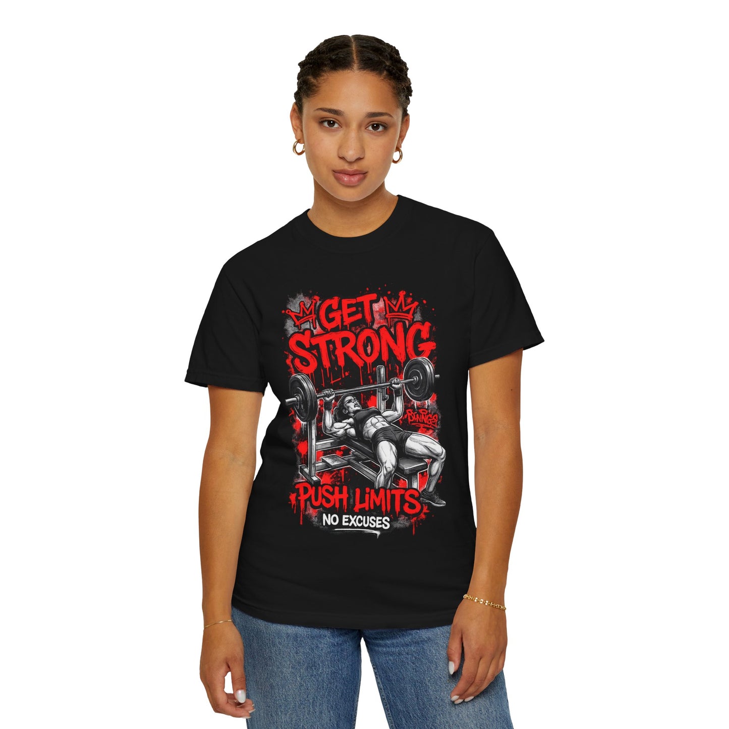Get Strong Bench Press T-Shirt — Push Limits, No Excuses Gym Tee
