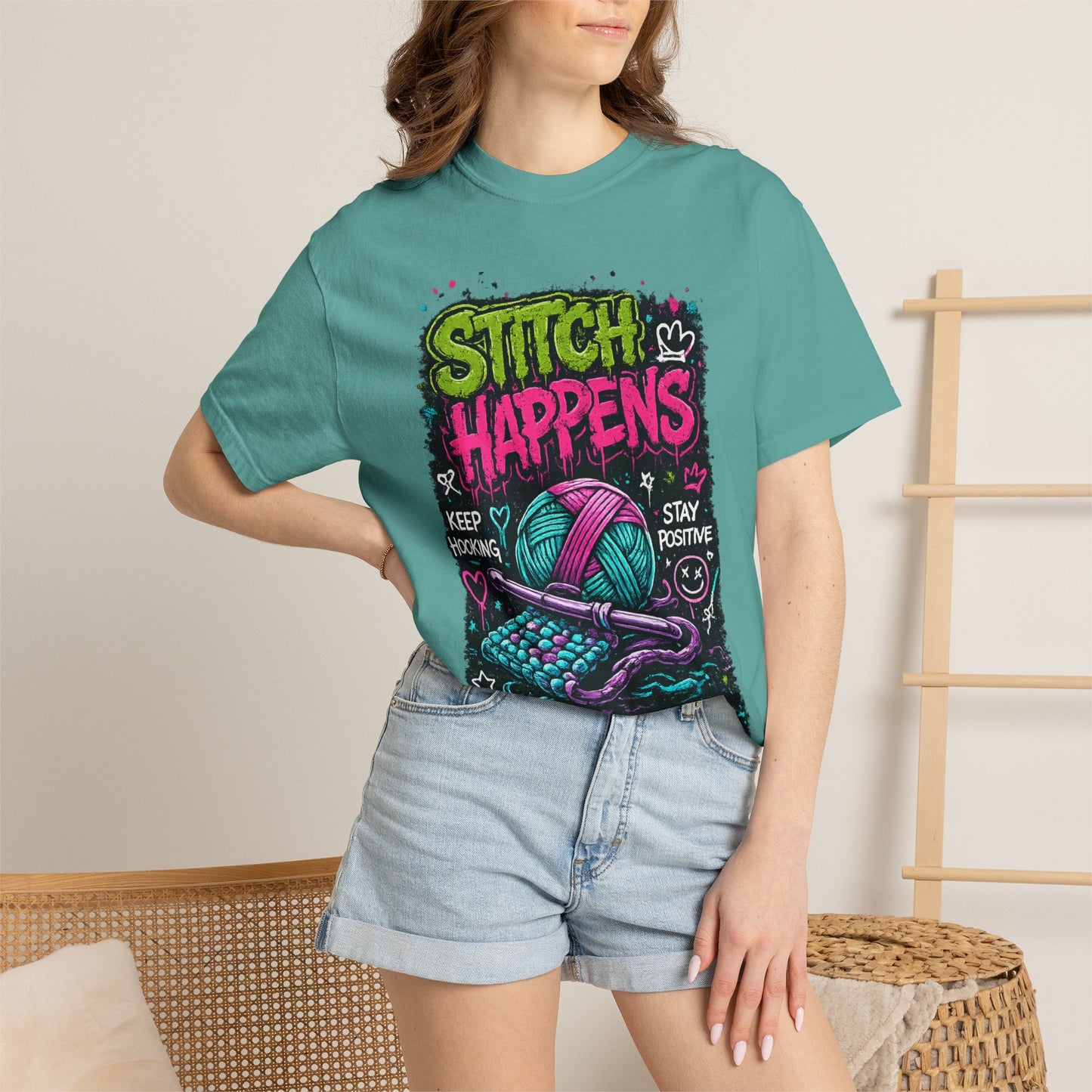 Stitch Happens T-Shirt — Funny Knitting & Crochet Graphic Tee