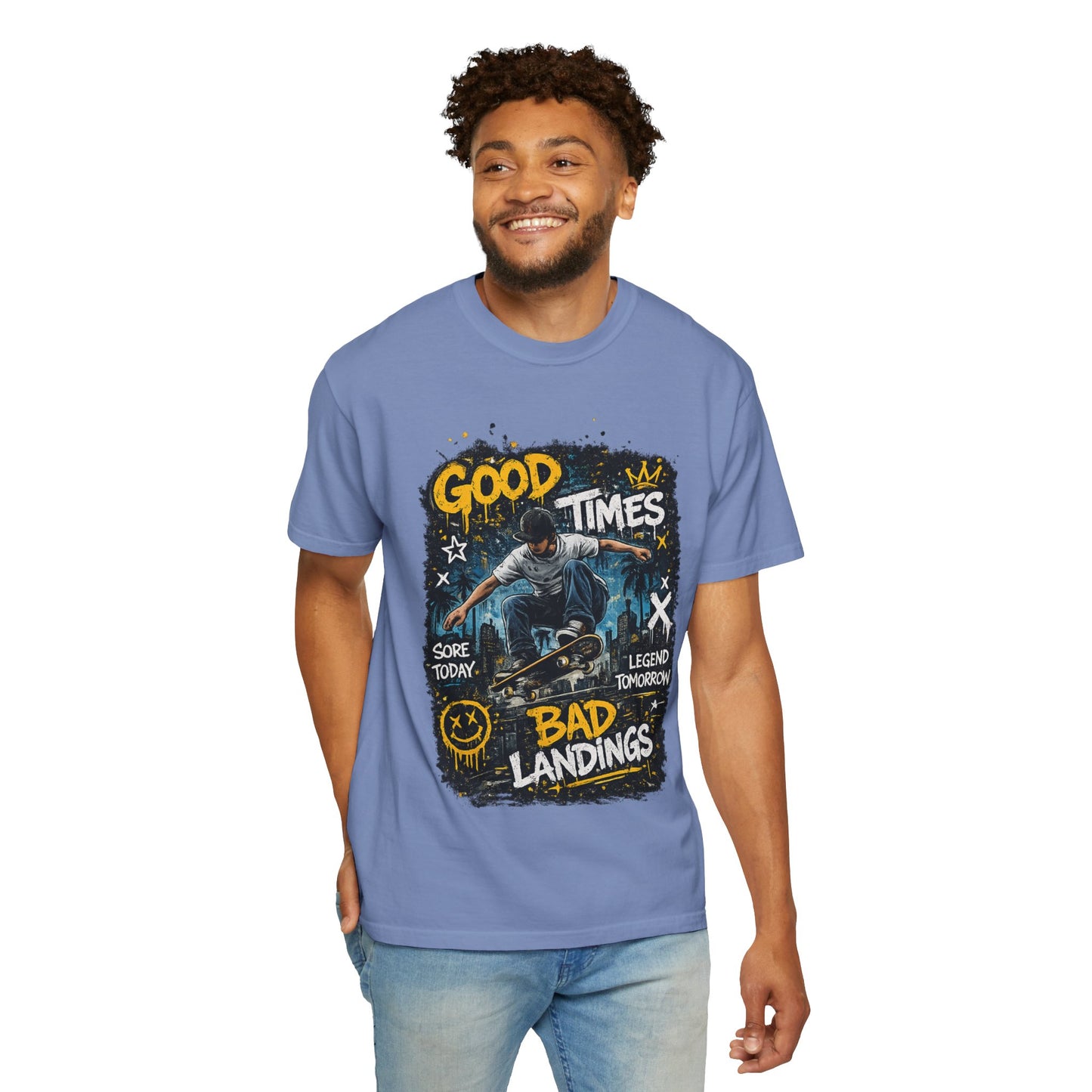 Skateboard T-Shirt — "Good Times, Bad Landings" Graphic Tee