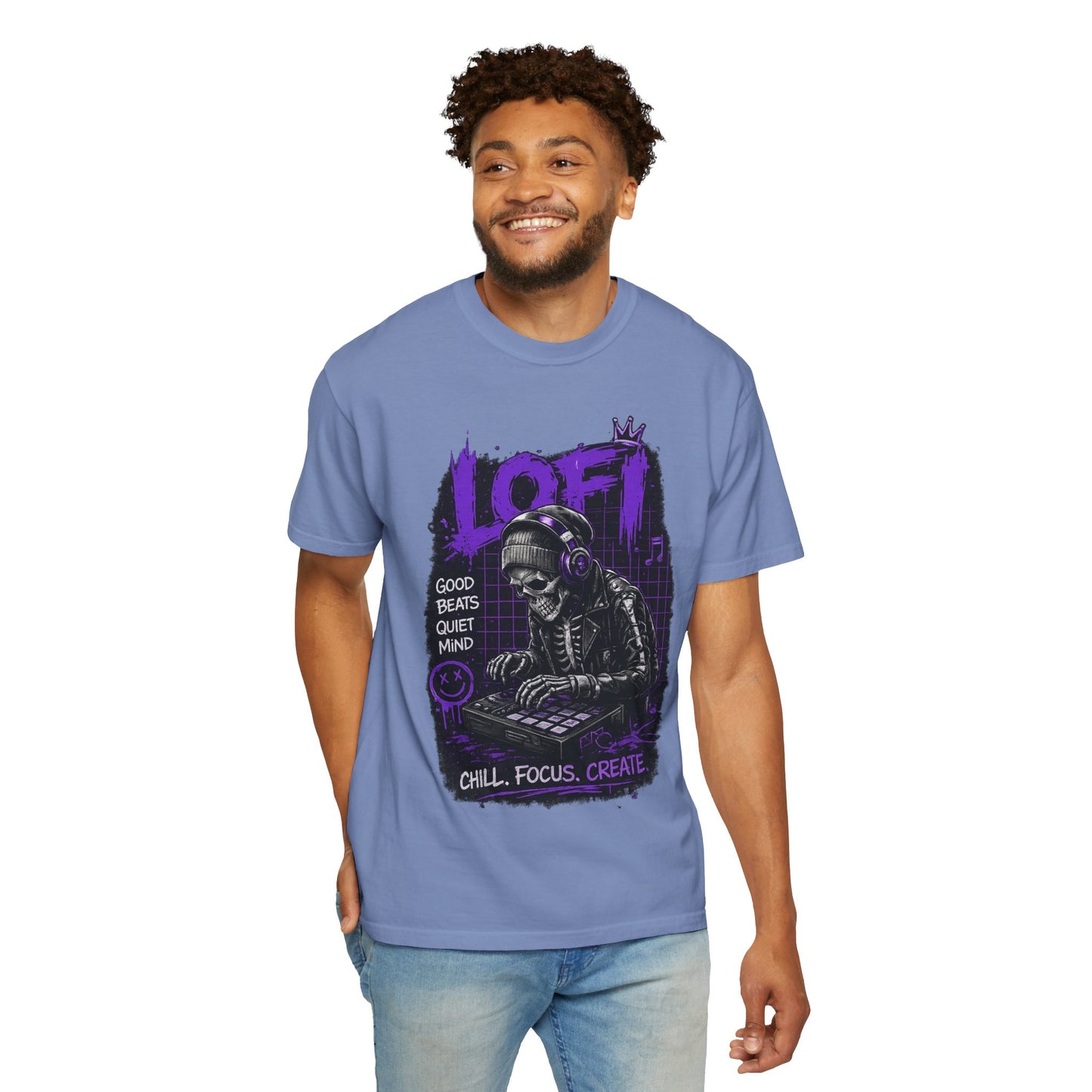LoFi Skull DJ T-Shirt — "Chill. Focus. Create." Music Graphic Tee for Creators