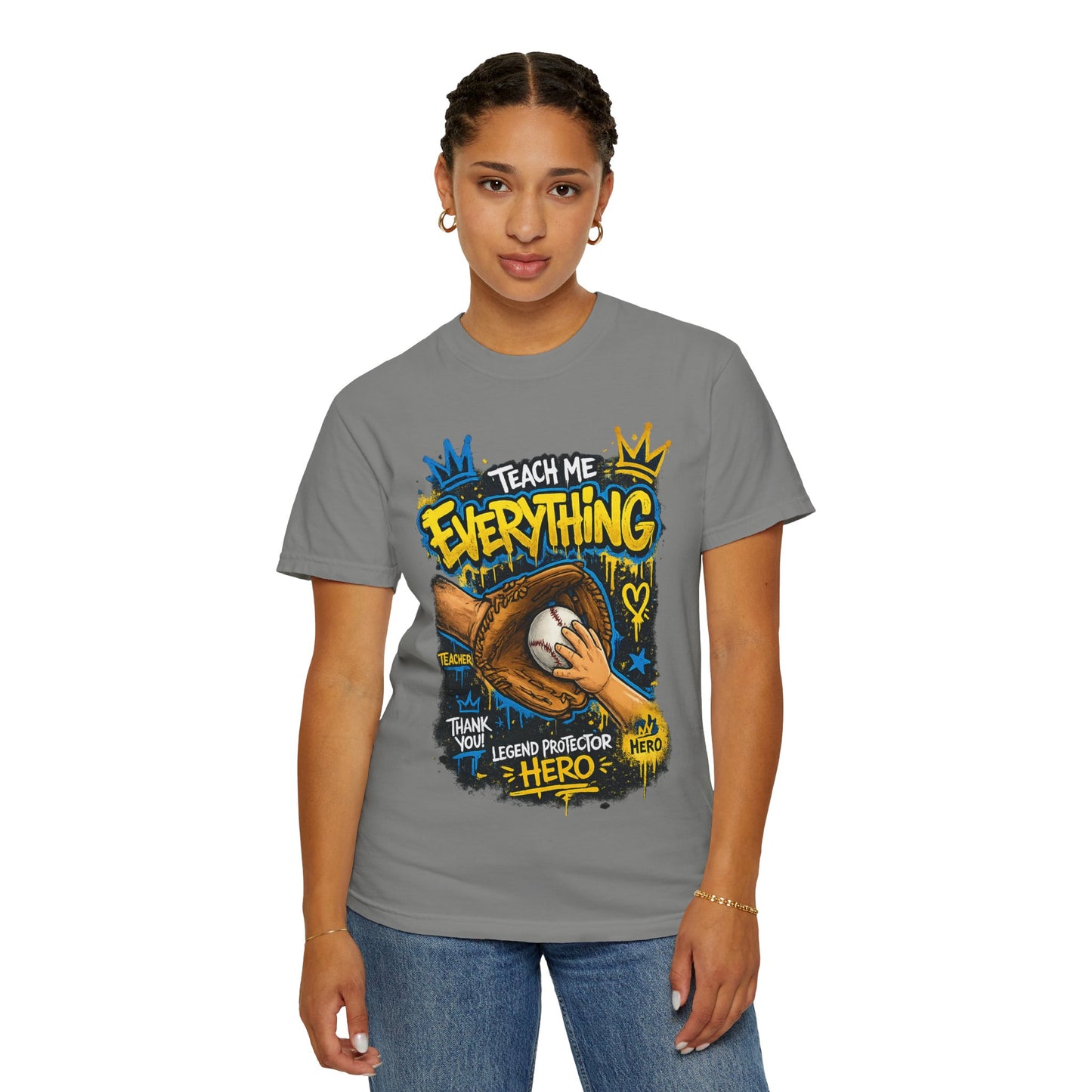 Teach Me Everything baseball glove and ball T-Shirt | Teacher coach appreciation graphic tee