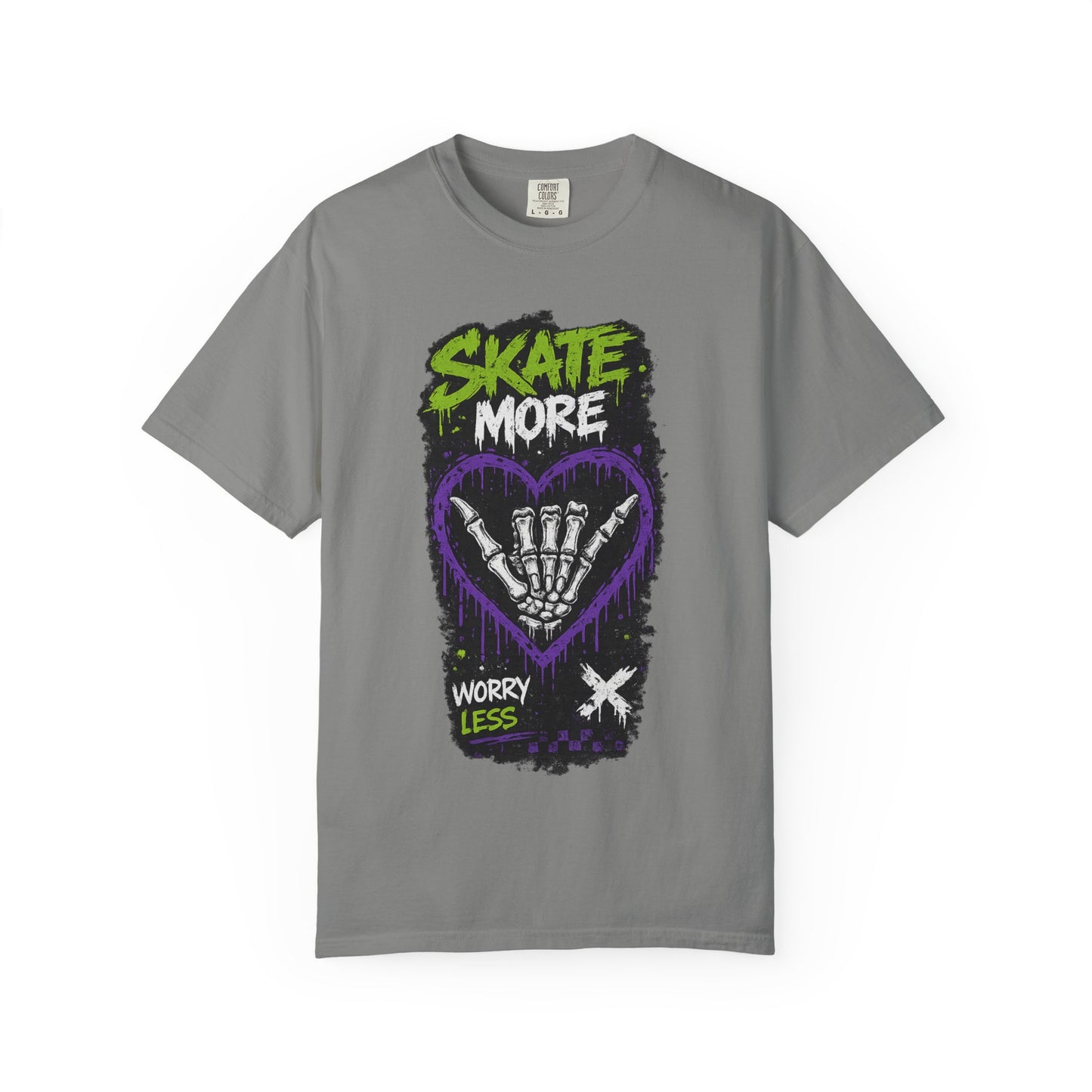 Skate More Worry Less T-Shirt — Skateboard Skeleton Hand Graphic Tee