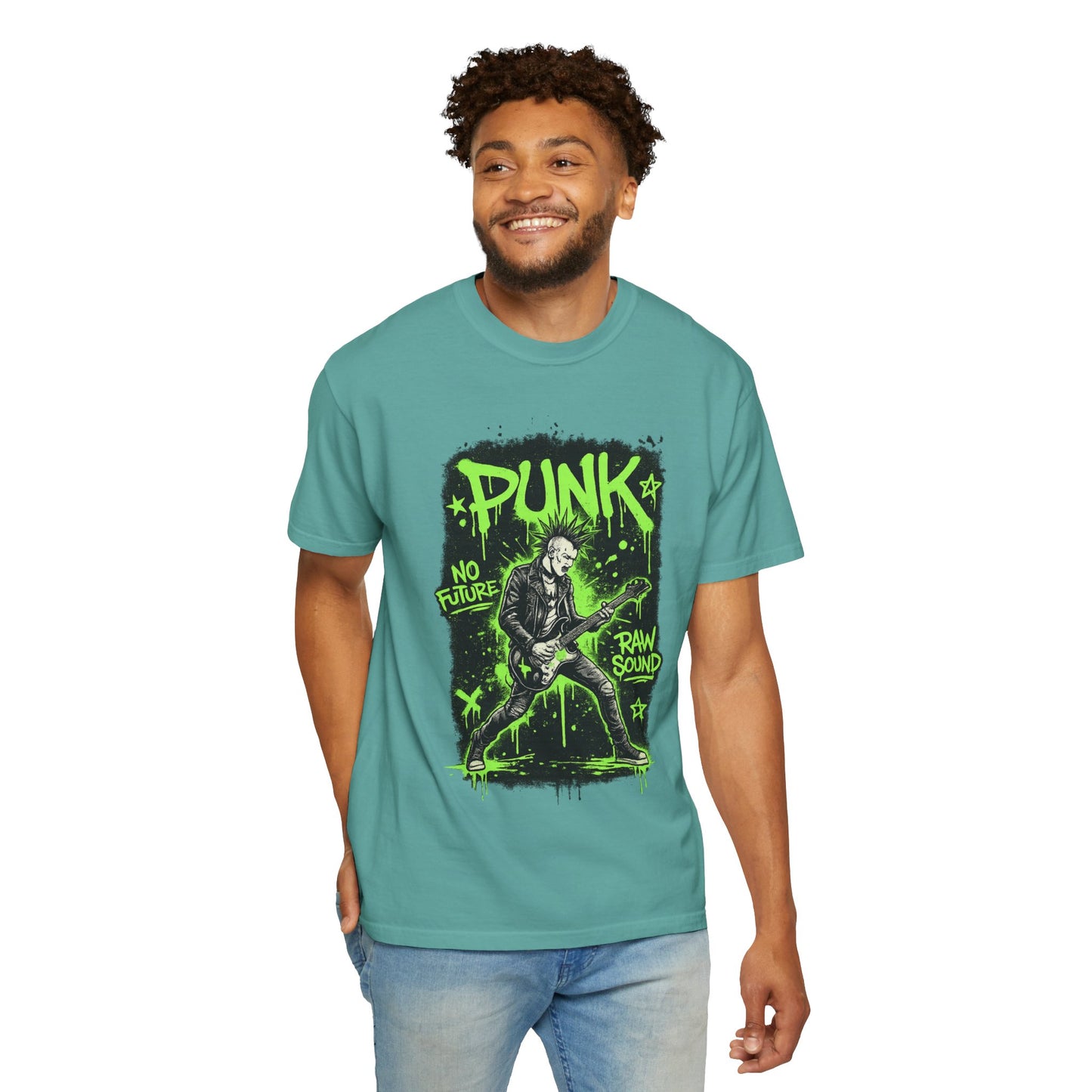 Punk Guitarist Graphic T-Shirt — “PUNK: No Future, Raw Sound” Neon Green Band Tee