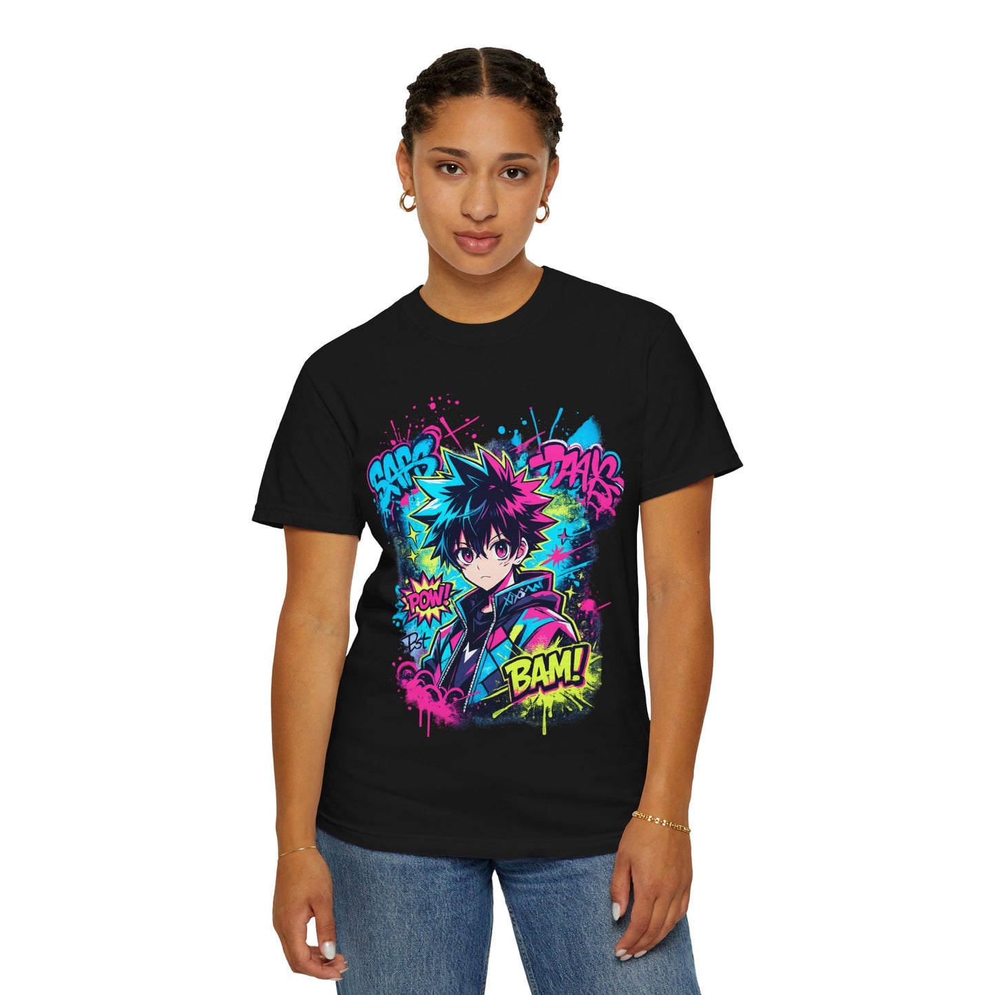 Anime Comic Boy Graphic T-Shirt — Neon Manga "BAM!" Design