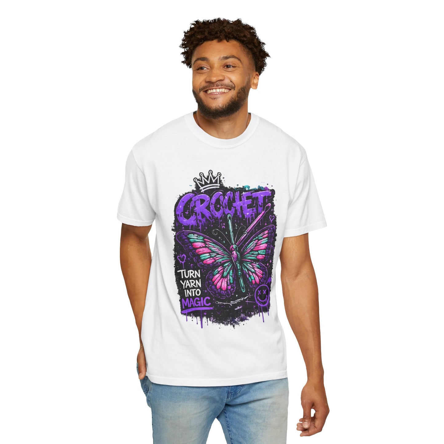 Crochet Butterfly T-Shirt — "Turn Yarn Into Magic" Graphic Tee