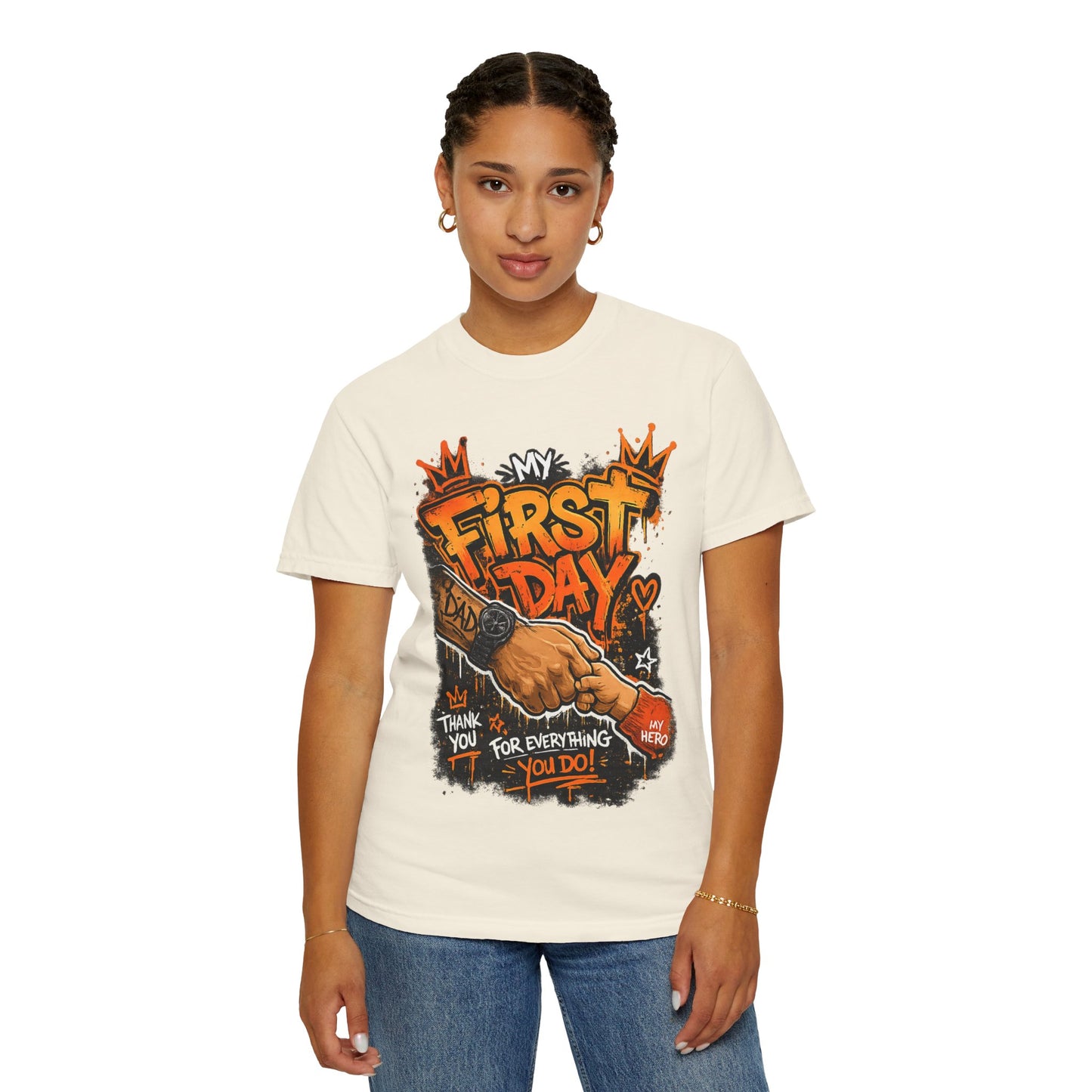 My First Day graphic T-shirt | Thank You Dad, hand shake illustration