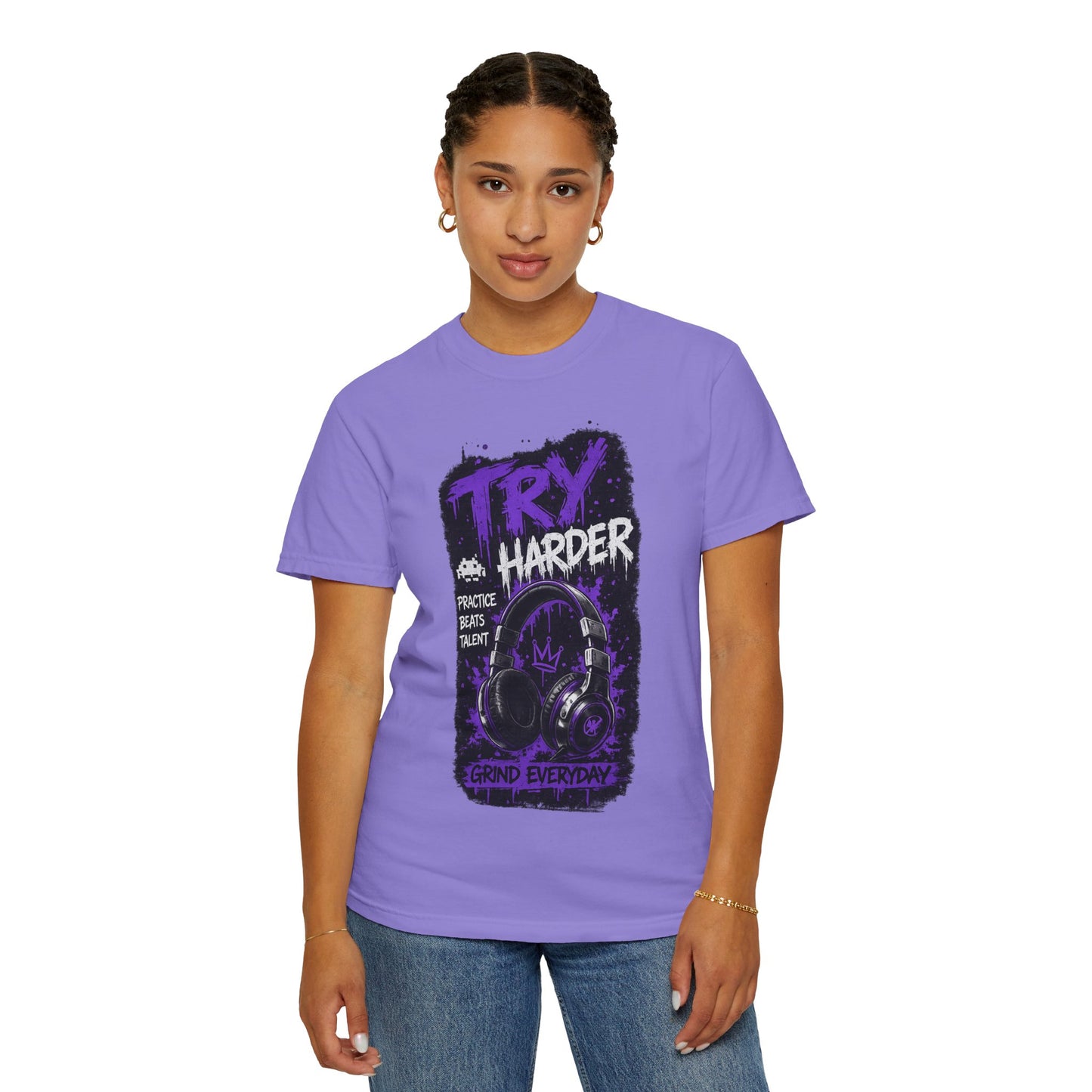 Try Harder Graphic T-Shirt — 'Try Harder' Headphones Motivational Tee