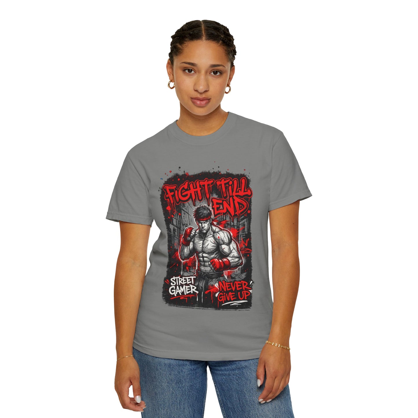 Fight Till End Gamer T-Shirt — 'Street Gamer, Never Give Up' Motivational Tee