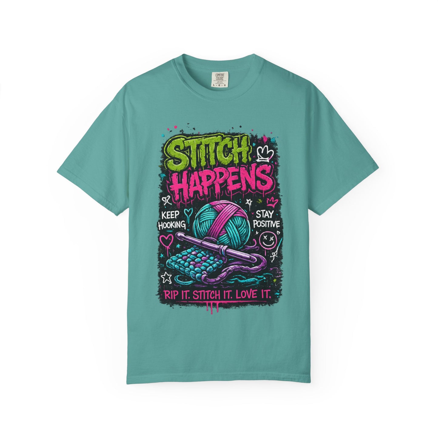 Stitch Happens T-Shirt — Funny Knitting & Crochet Graphic Tee