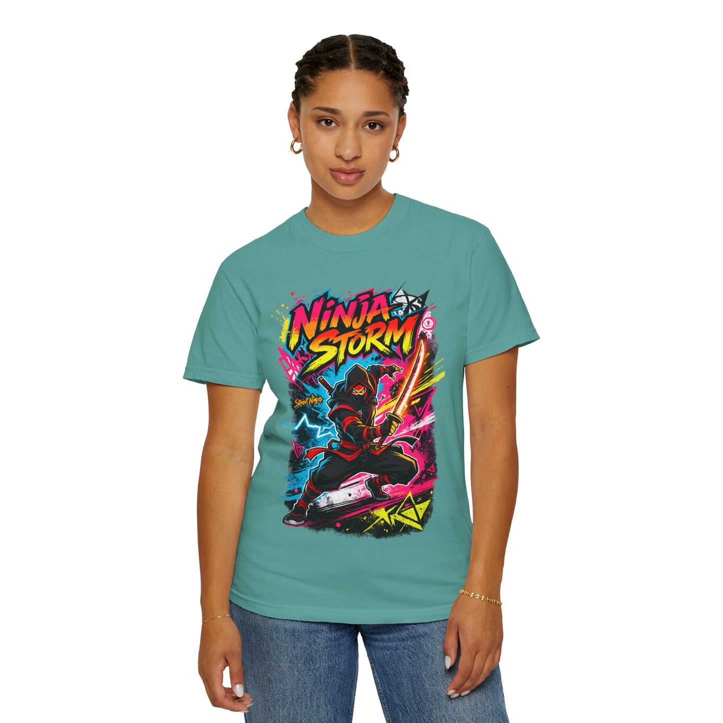 Ninja Storm Graphic T-Shirt — Neon Samurai Surf Design