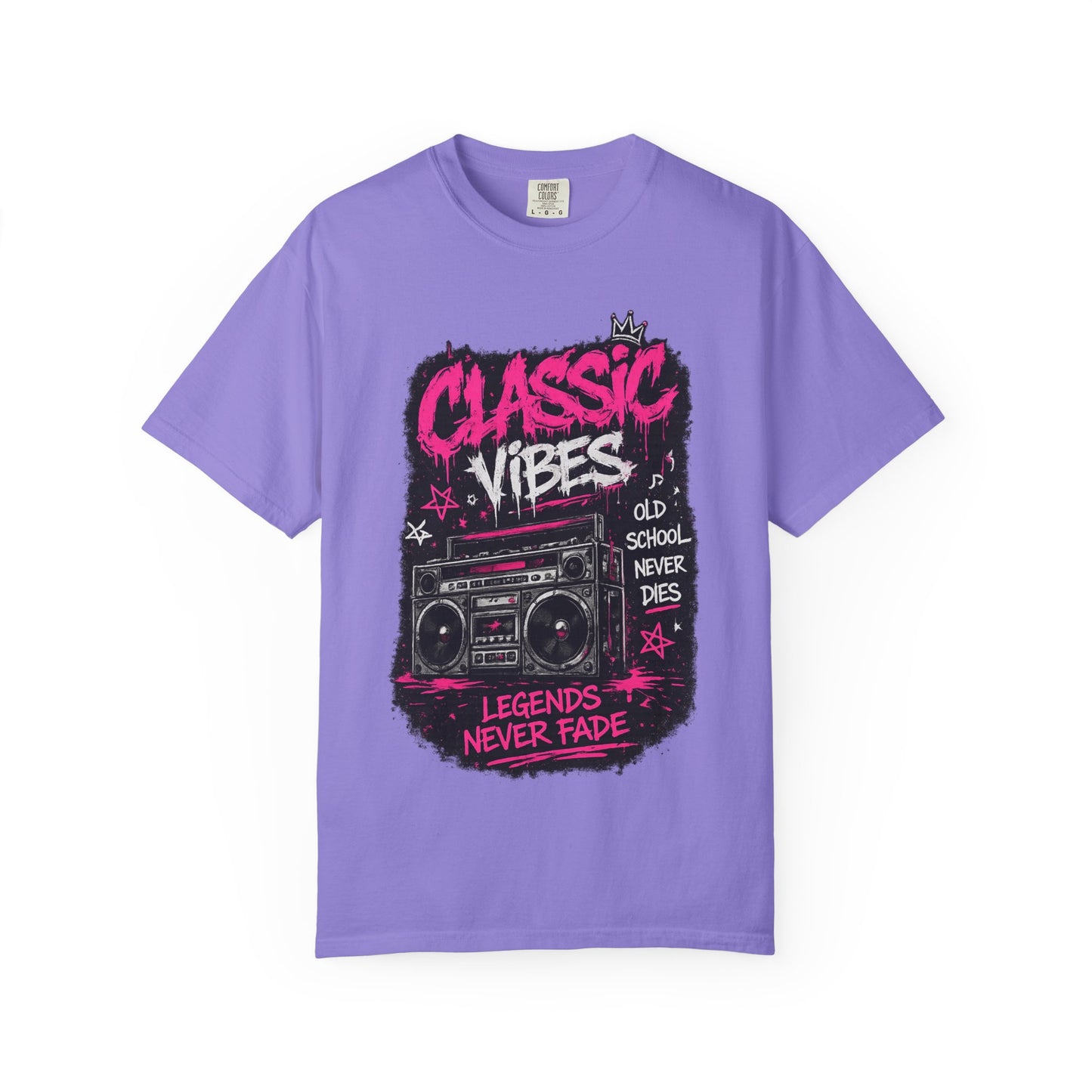 Classic Vibes T-Shirt — 'Legends Never Fade' Retro Boombox Graphic