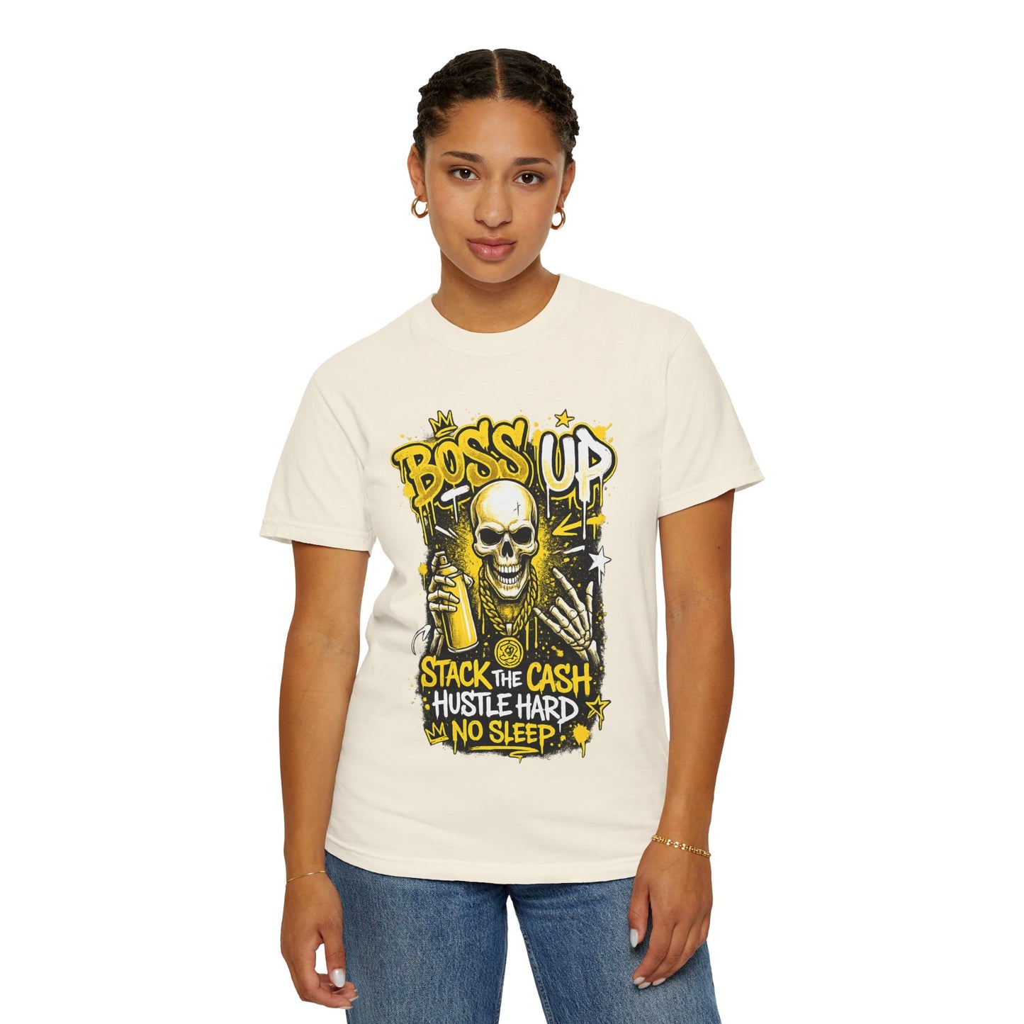 Boss Up Skull Hustle T-Shirt — "Stack the Cash, Hustle Hard, No Sleep" Graphic Tee