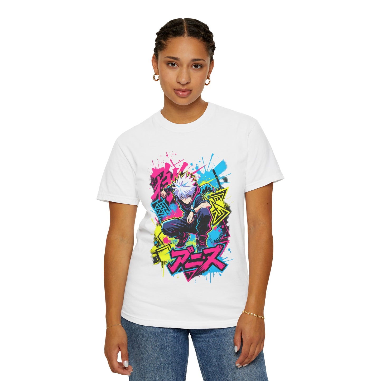 Anime Graphic T-Shirt — Vibrant Neon Jujutsu Kaisen Style Design