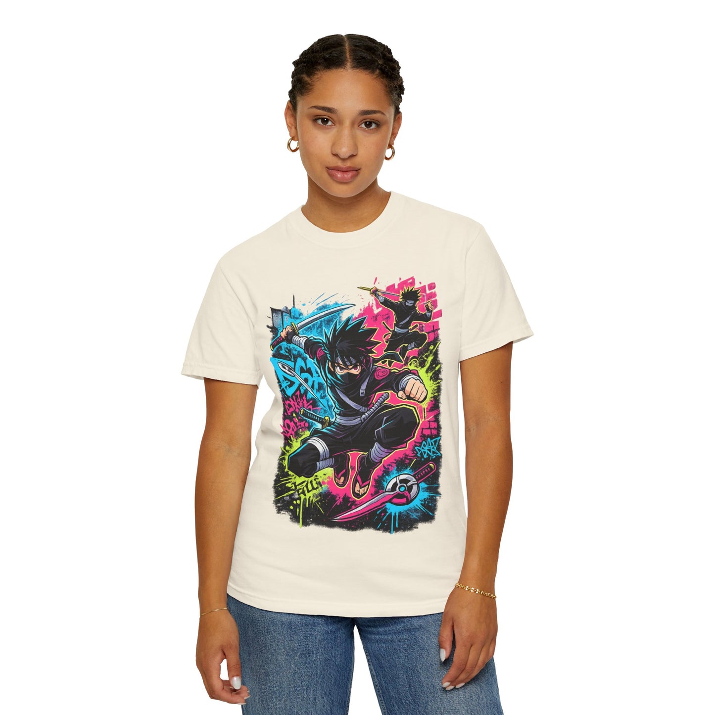 Anime Ninja Street Art T-Shirt — Neon Graffiti Graphic Tee