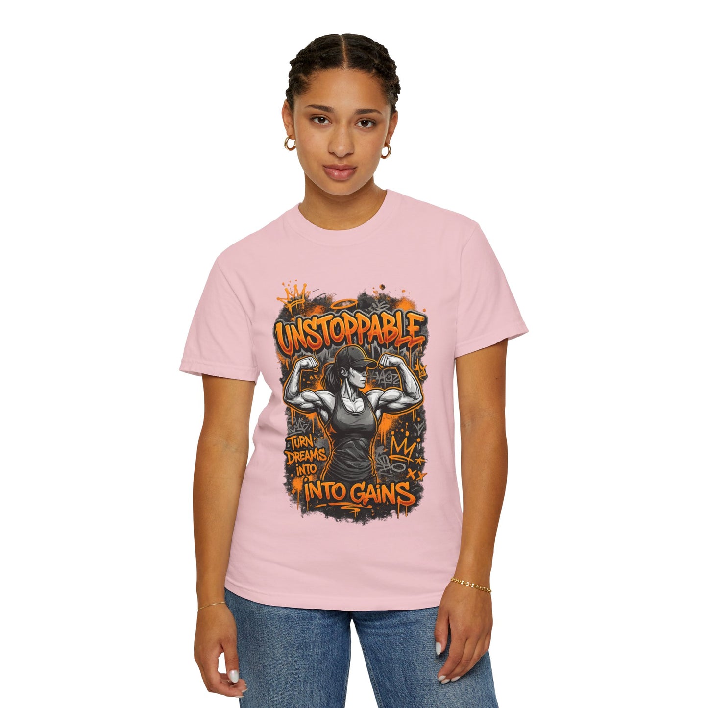Unstoppable Musclewoman Graphic Tee | Turn Dreams Into Gains T-shirt