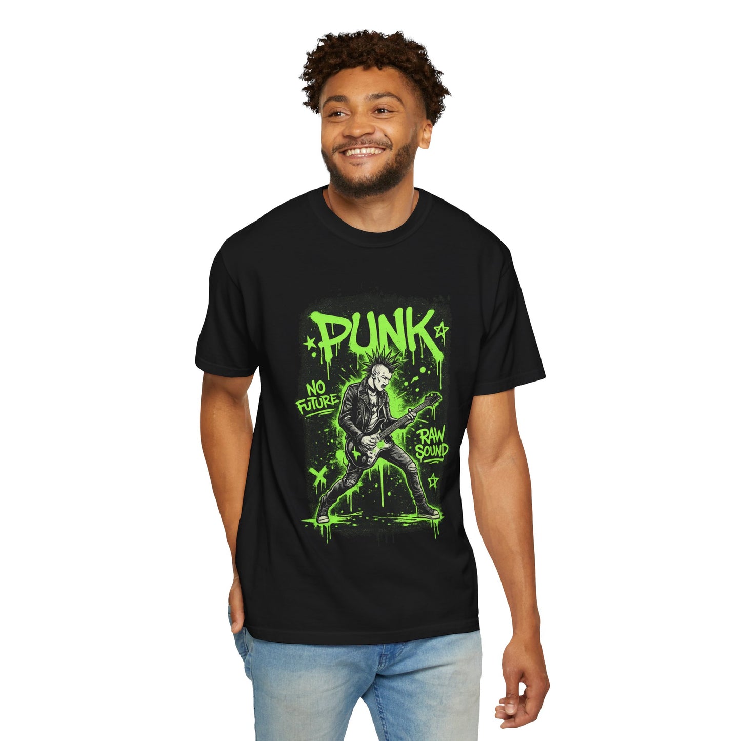 Punk Guitarist Graphic T-Shirt — “PUNK: No Future, Raw Sound” Neon Green Band Tee