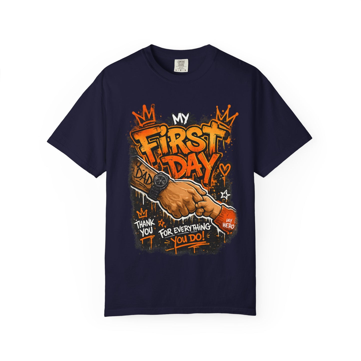 My First Day graphic T-shirt | Thank You Dad, hand shake illustration