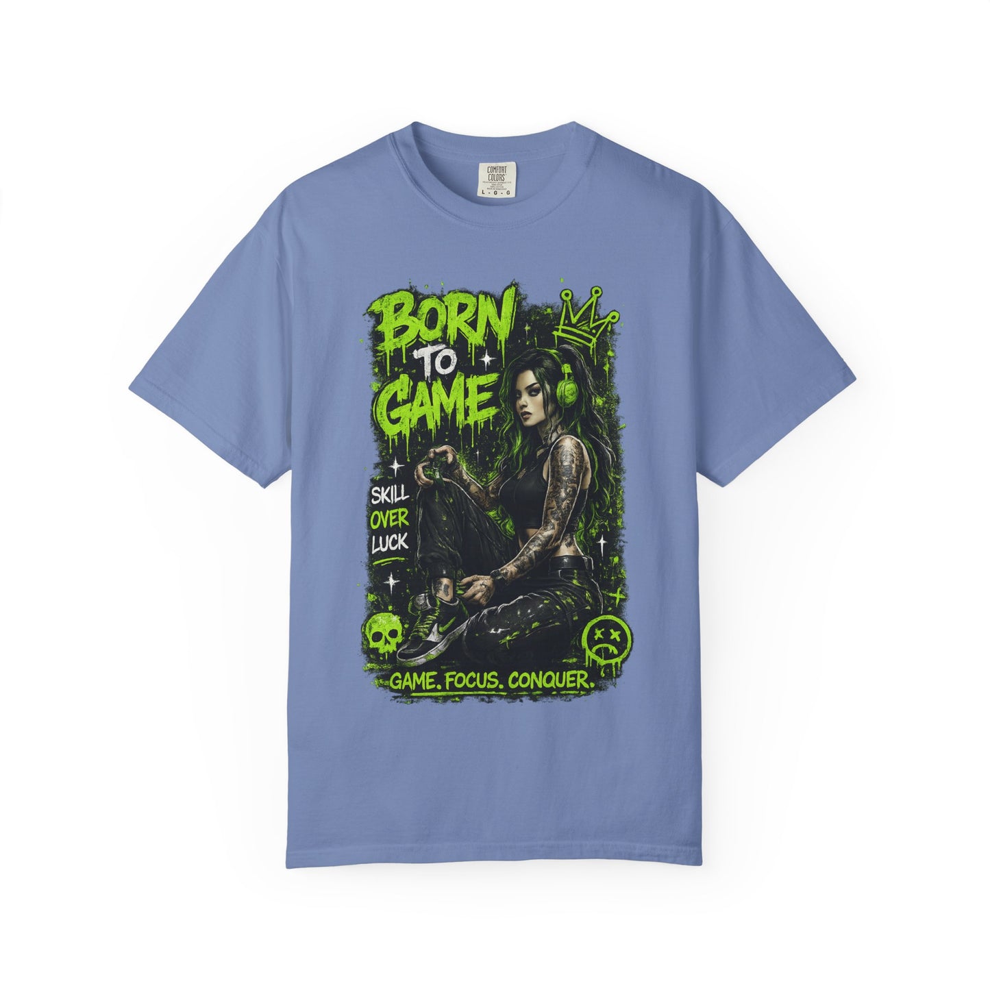 Born to Game Graphic T-Shirt — Gamer Skull & Neon Green Design