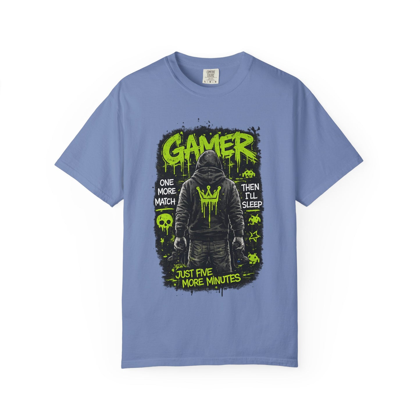 Gamer Hoodie-Style Graphic T-Shirt | Neon Green Skull, 'Just Five More Minutes'