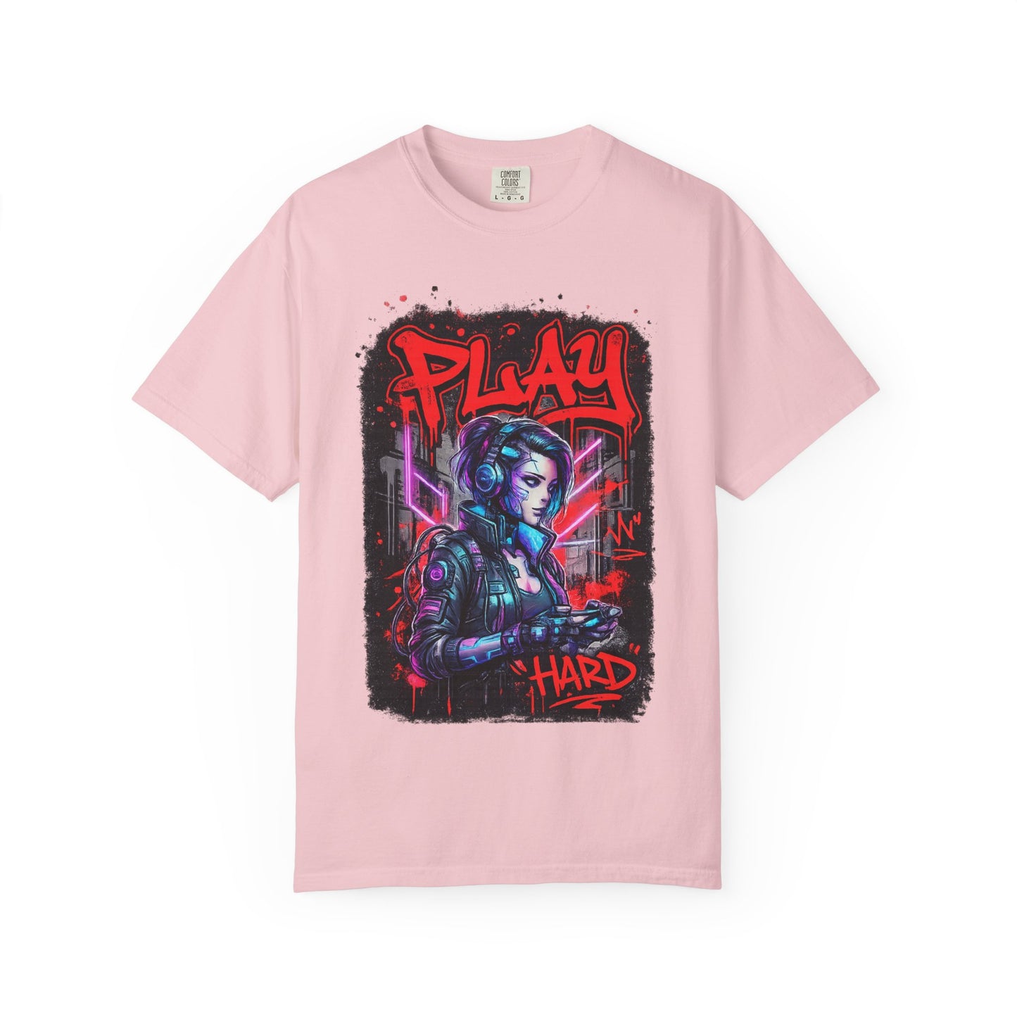 Play Hard Gamer T-Shirt — Neon Cyberpunk Video Game Tee