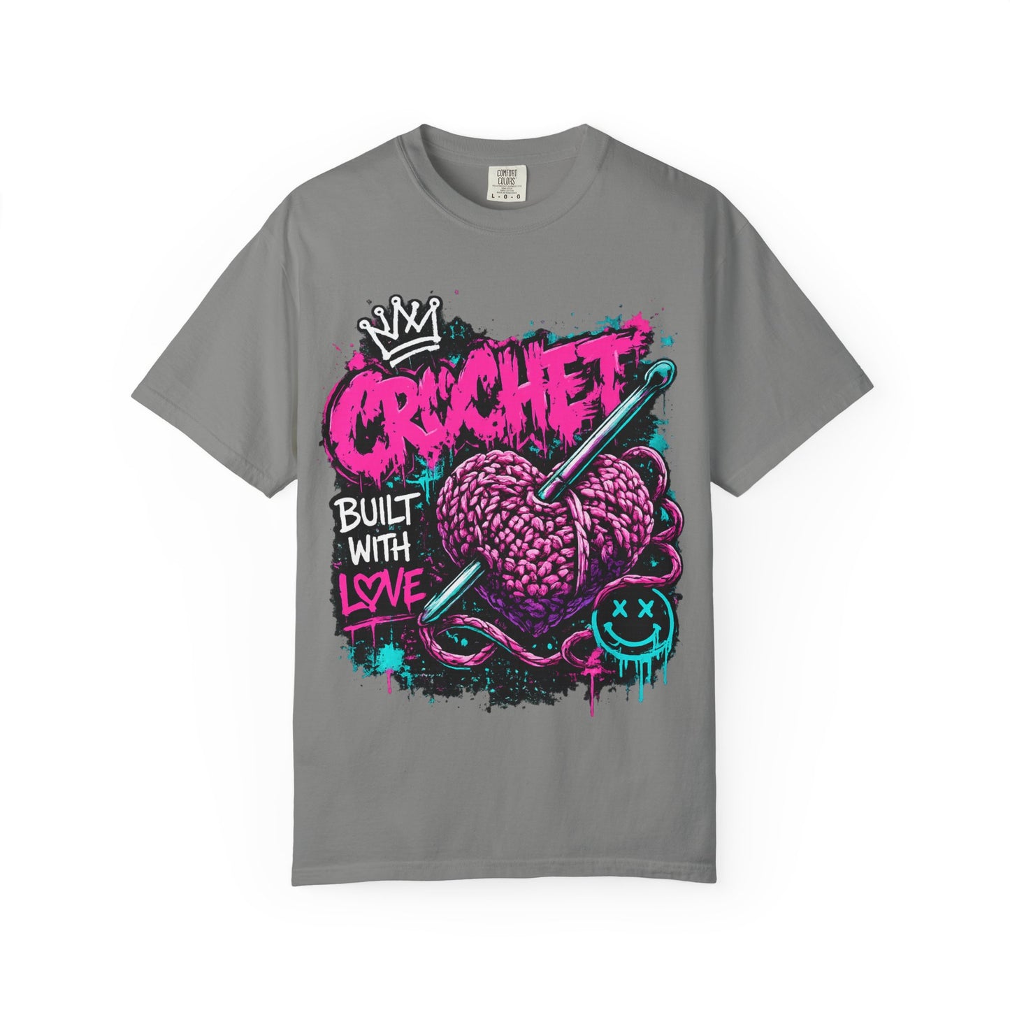 Crochet Built With Love T-Shirt — Retro Graffiti Heart Crochet Tee