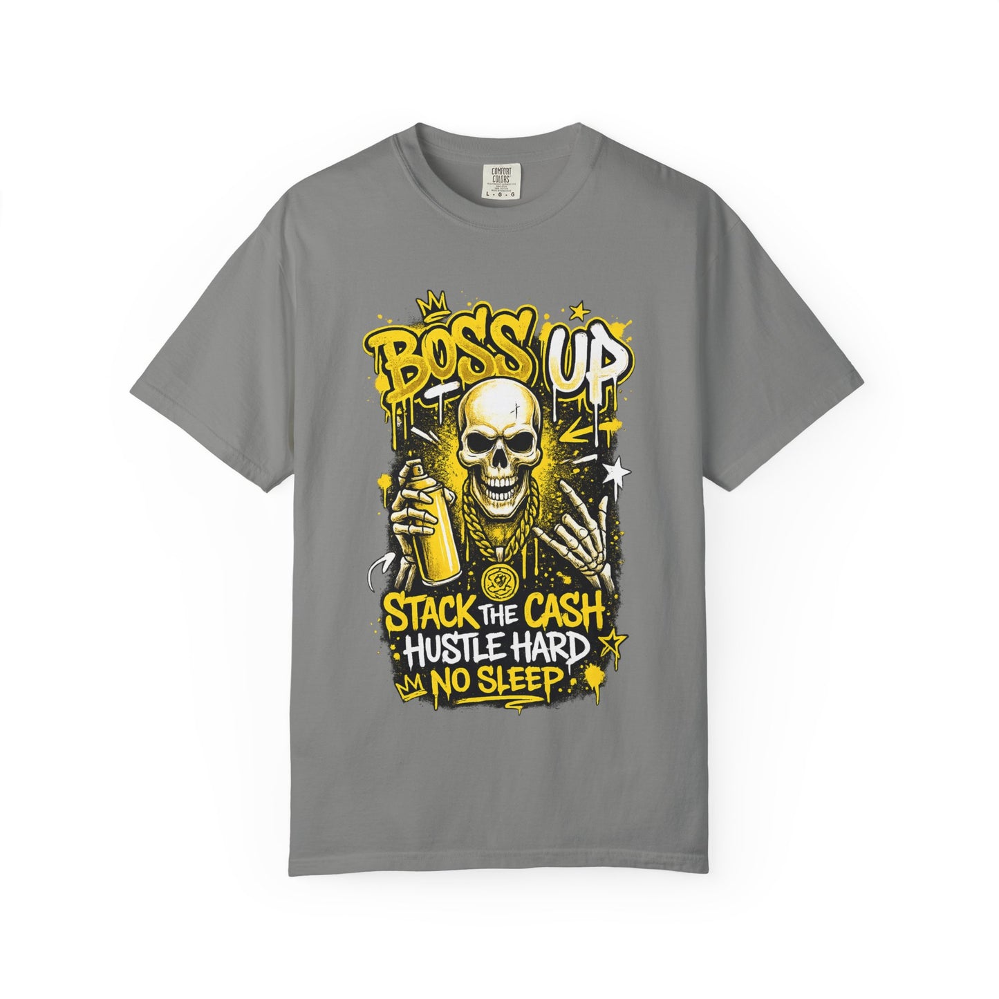 Boss Up Skull Hustle T-Shirt — "Stack the Cash, Hustle Hard, No Sleep" Graphic Tee