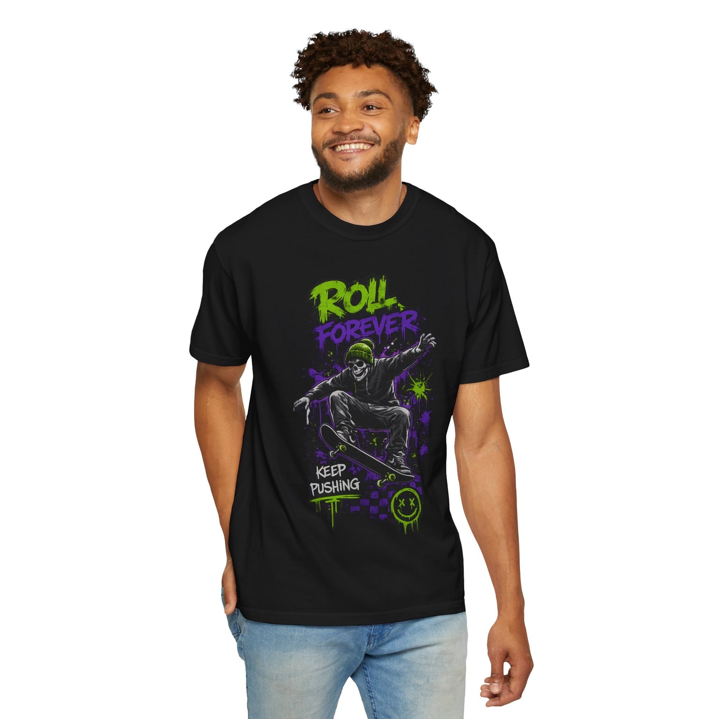 Skateboard T-Shirt — "Roll Forever / Keep Pushing" Graphic Tee