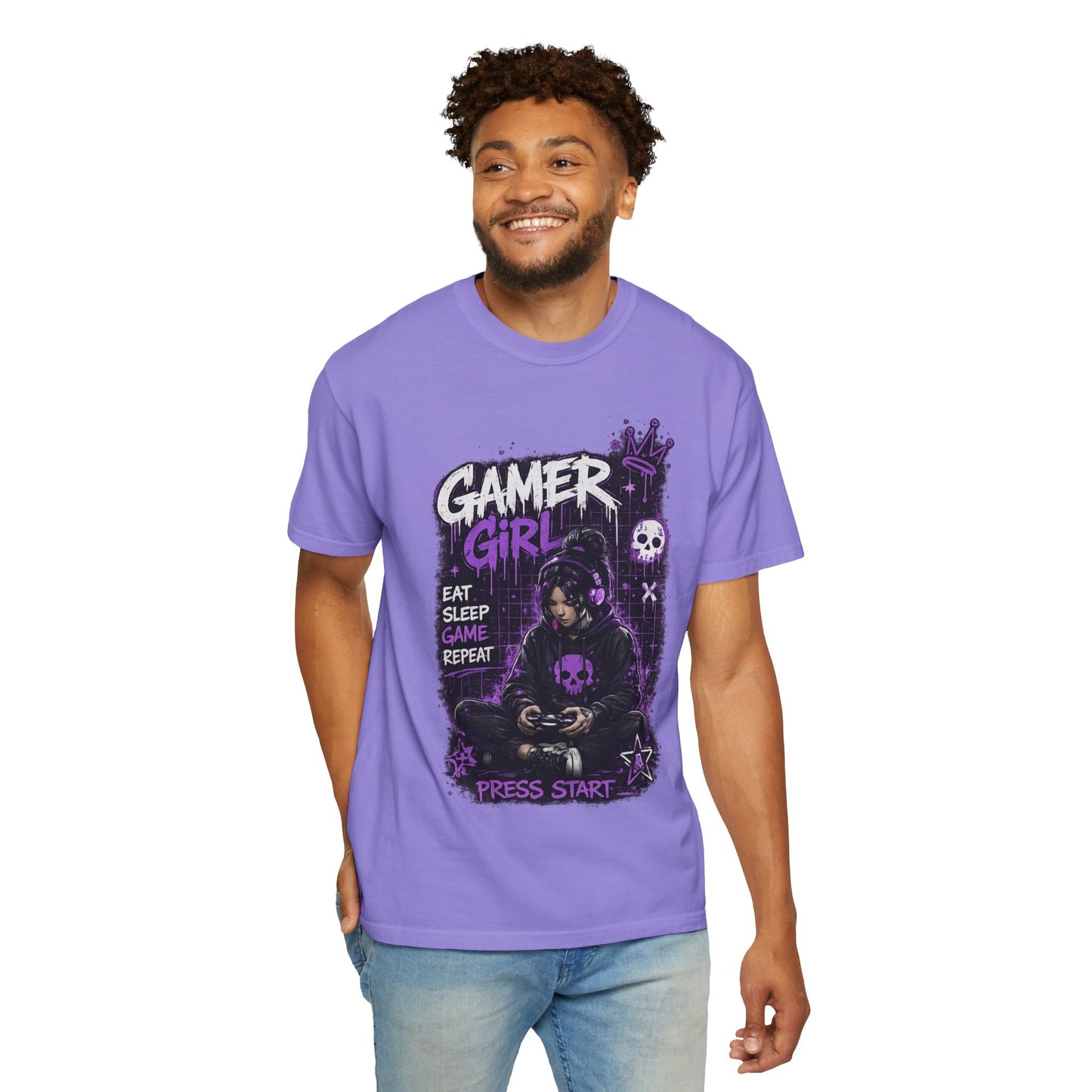 Gamer Girl T-Shirt — Retro Purple Gaming Graphic Tee ("Eat Sleep Game Repeat")
