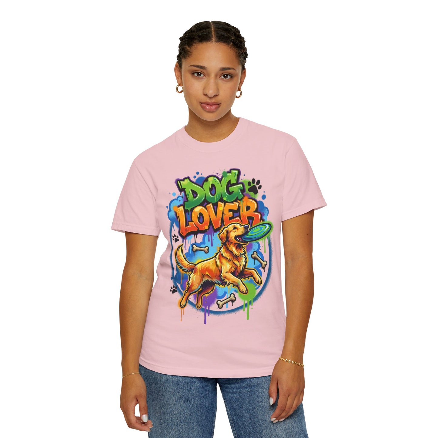 Dog Lover T-Shirt — Colorful Golden Retriever Frisbee Graphic Tee