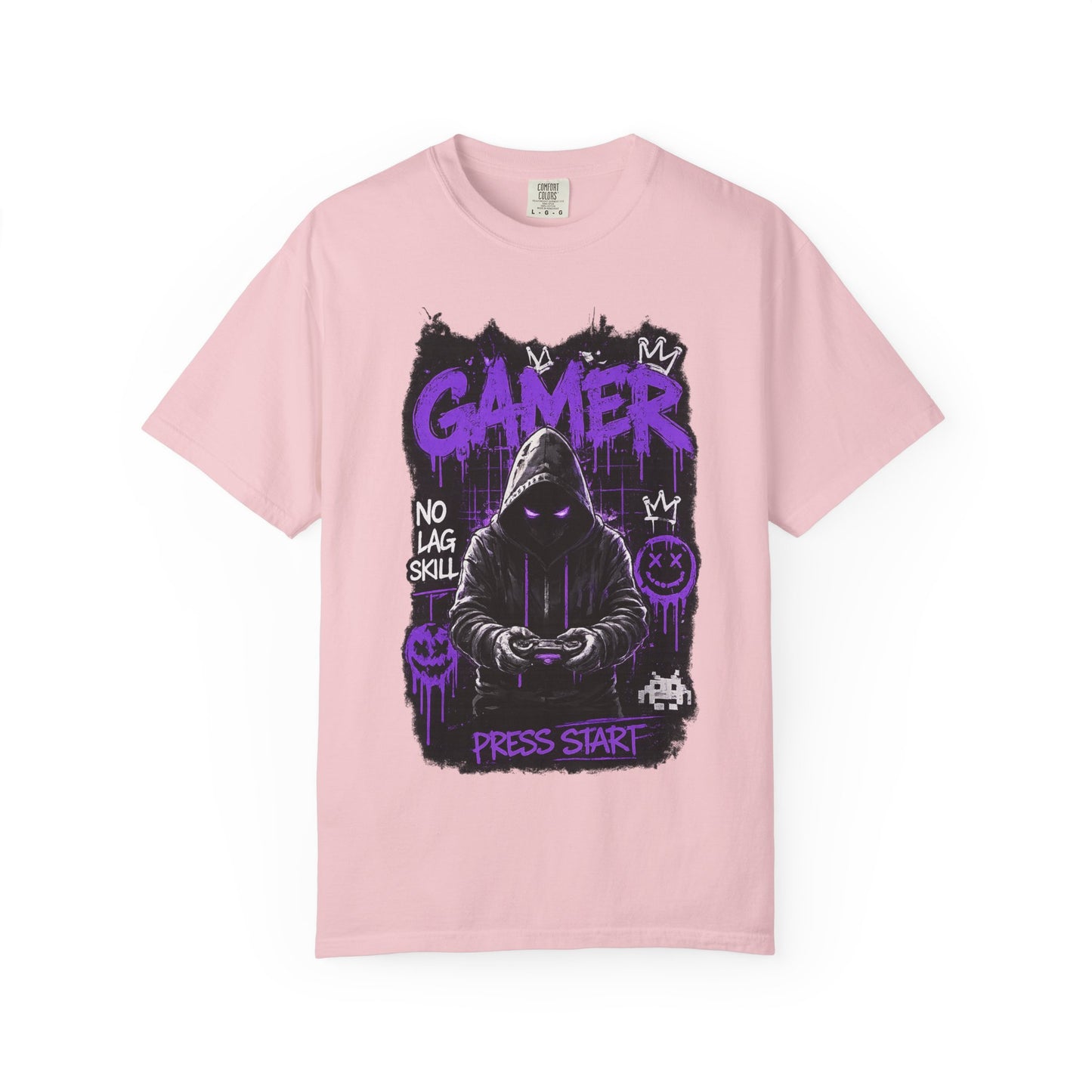 Gamer Hoodie Skull T‑Shirt — 'GAMER' Purple Graphic Press Start Tee