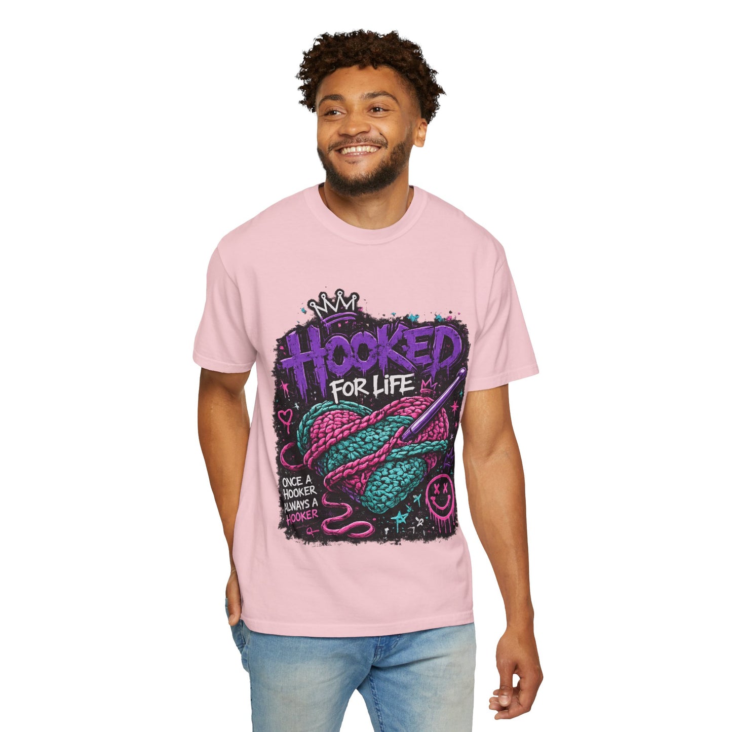 Hooked For Life Knitting T-Shirt — "Hooked for Life" Yarn & Crochet Graphic Tee