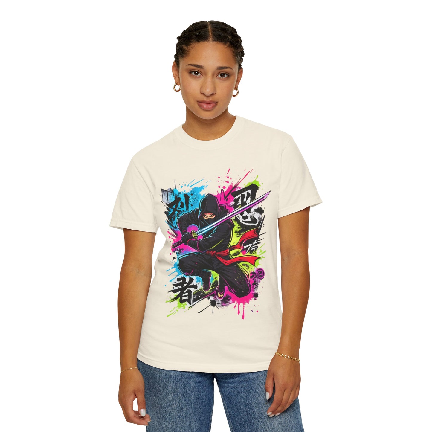 Neon Ninja Samurai T-Shirt — Vibrant Graffiti Sword Art