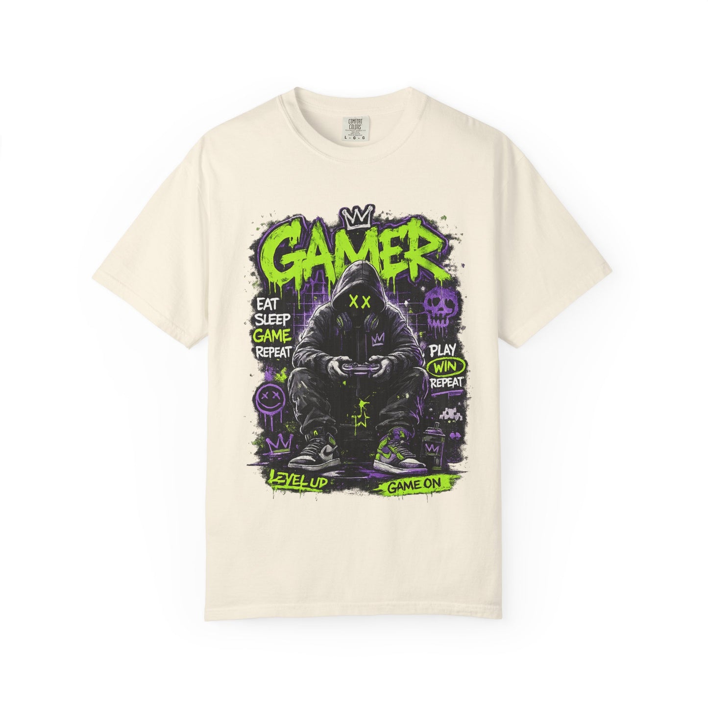 Gamer Hooded Figure Graphic T-Shirt | Neon Green Purple Streetwear