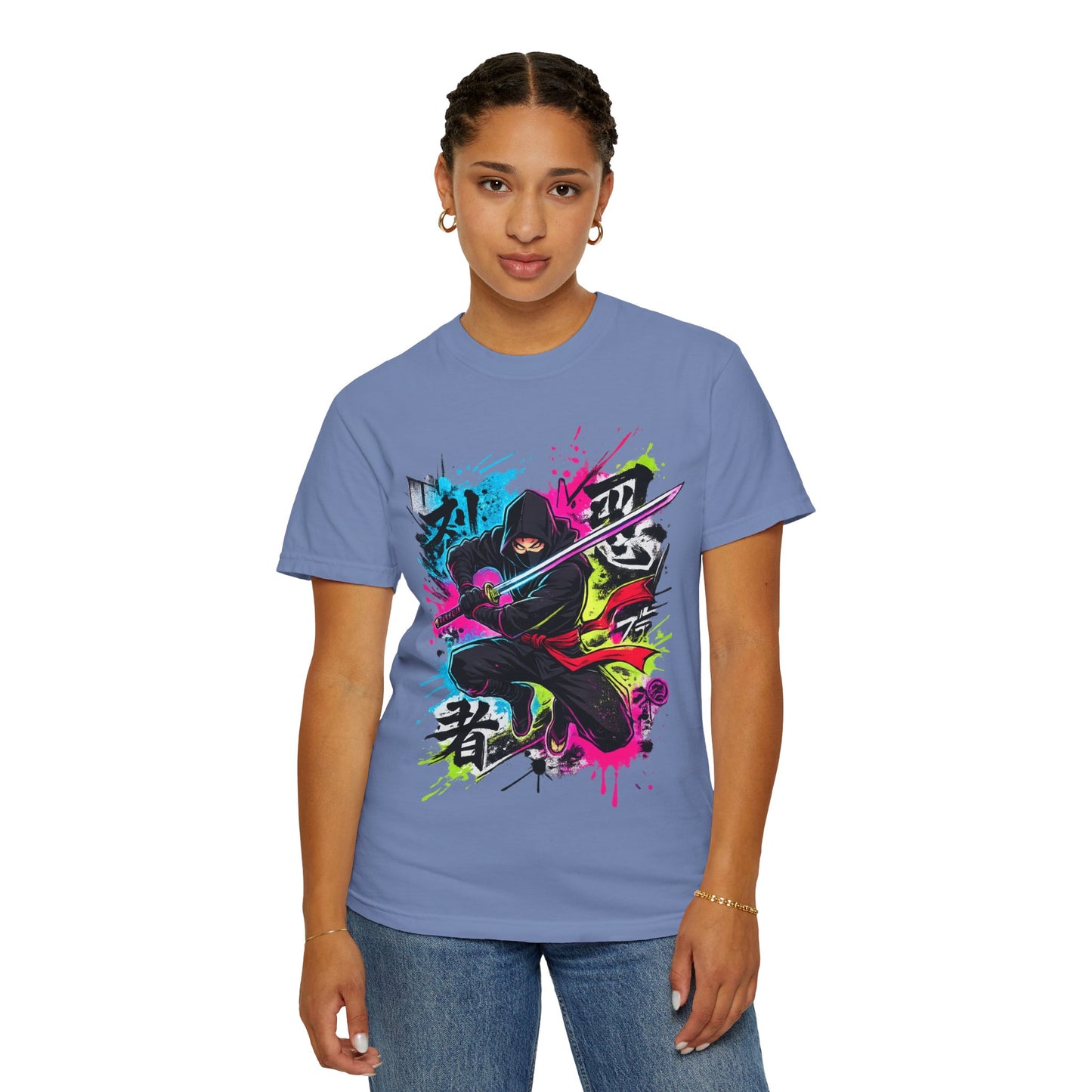 Neon Ninja Samurai T-Shirt — Vibrant Graffiti Sword Art