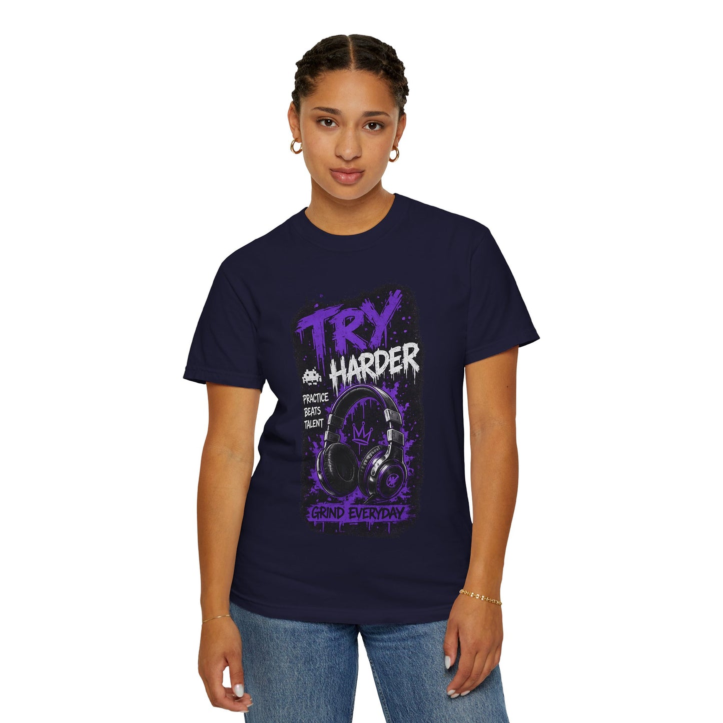 Try Harder Graphic T-Shirt — 'Try Harder' Headphones Motivational Tee