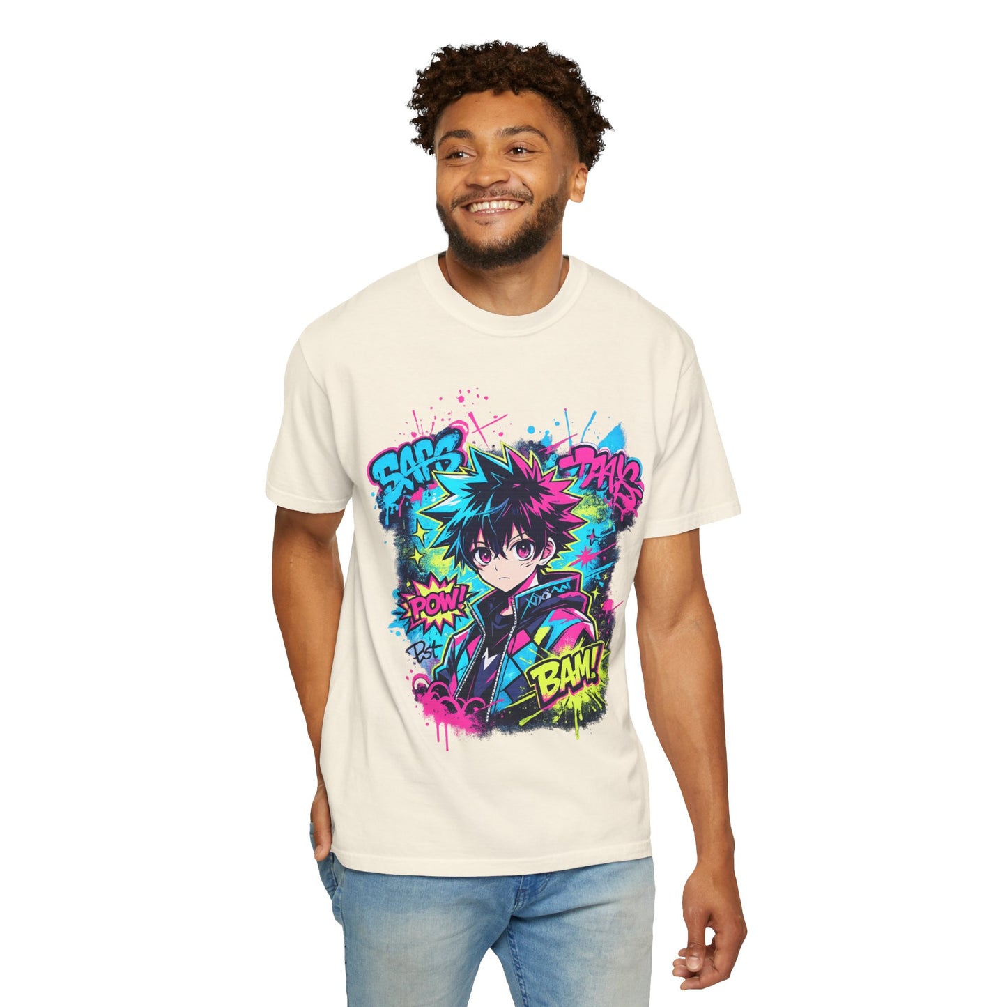 Anime Comic Boy Graphic T-Shirt — Neon Manga "BAM!" Design