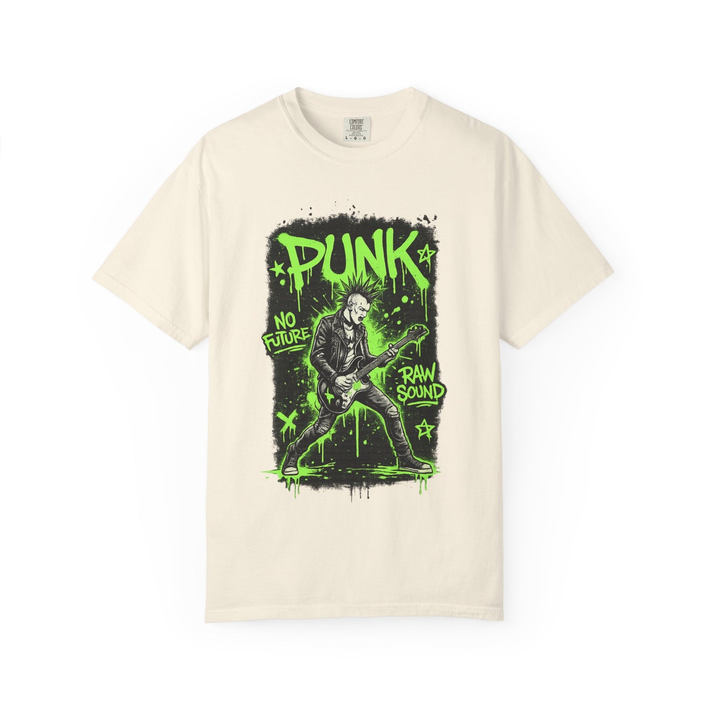 Punk Guitarist Graphic T-Shirt — “PUNK: No Future, Raw Sound” Neon Green Band Tee