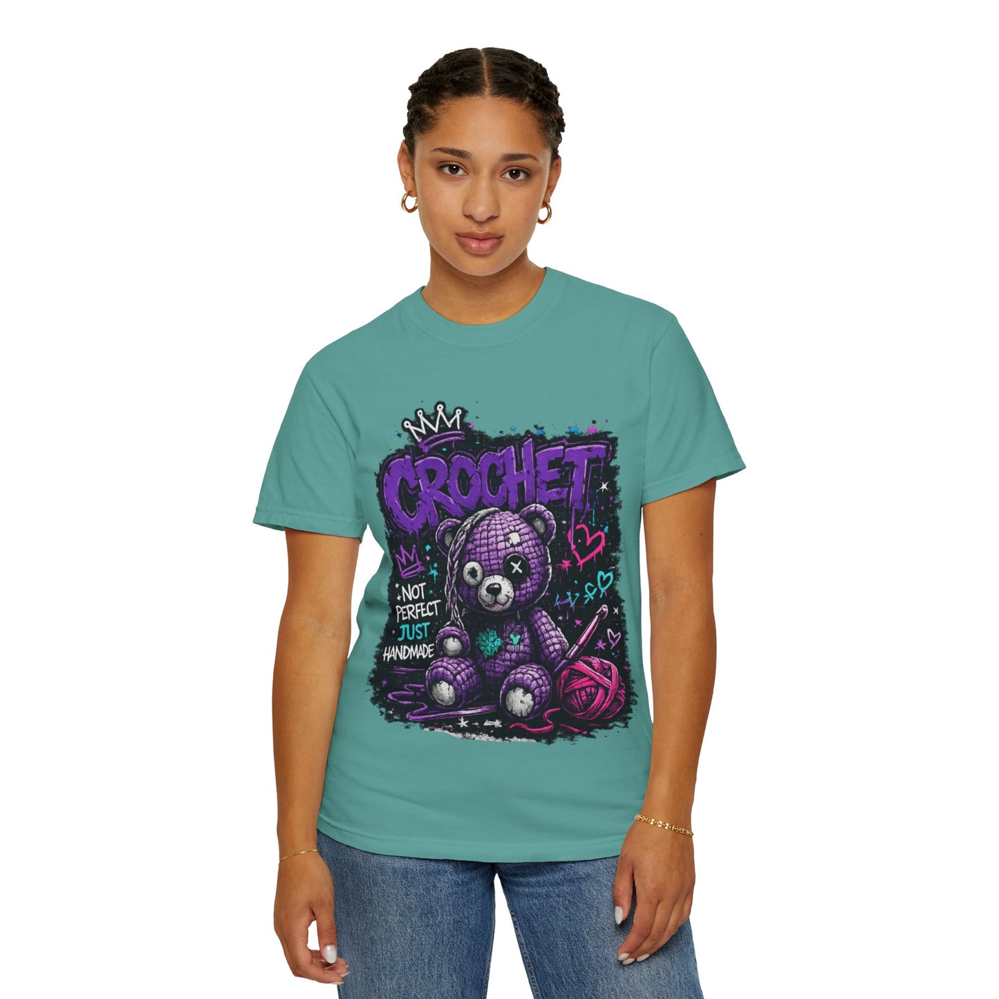Crochet Teddy T-Shirt — "Not Perfect Just Handmade" Graphic Tee