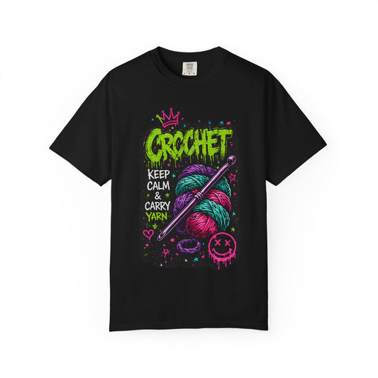 Crochet Keep Calm T-Shirt — Neon Yarn Graphic Tee for Crafters