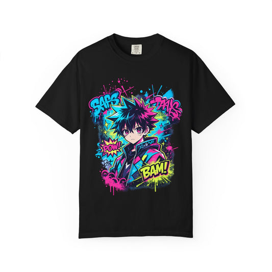 Anime Comic Boy Graphic T-Shirt — Neon Manga "BAM!" Design