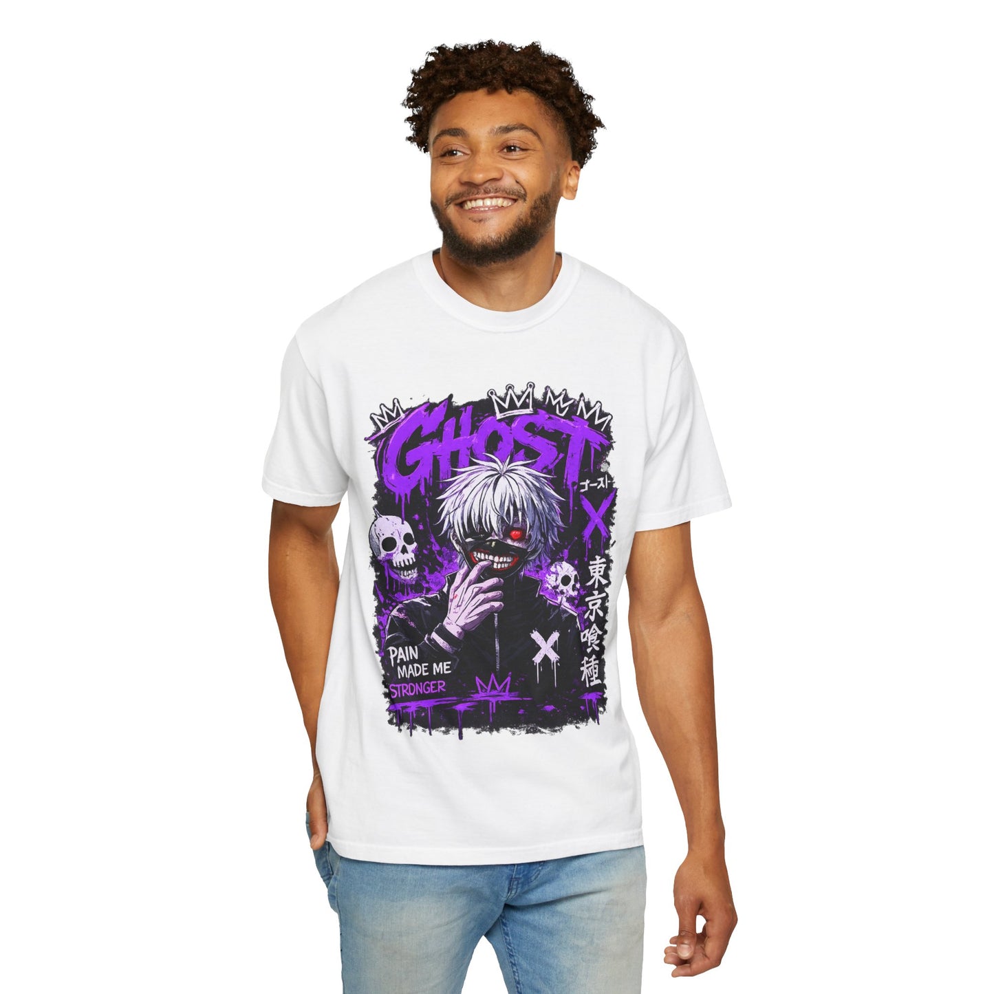 Ghost Anime T-Shirt — Tokyo Ghoul Style Graphic Tee ("Pain Made Me Stronger")