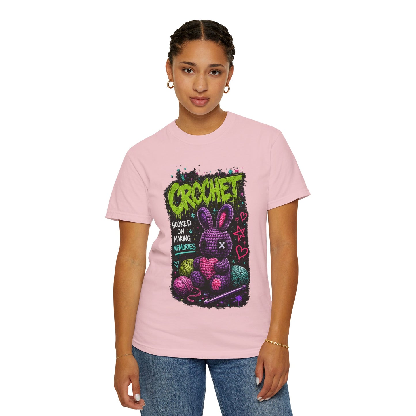 Crochet Bunny Graphic T-Shirt — “Hooked on Making Memories”