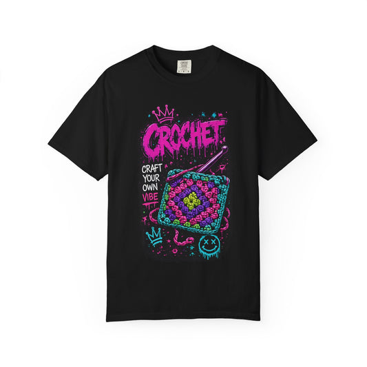 Crochet Vibes Graphic T-Shirt — "Craft Your Own Vibe" Retro Neon Crochet Design