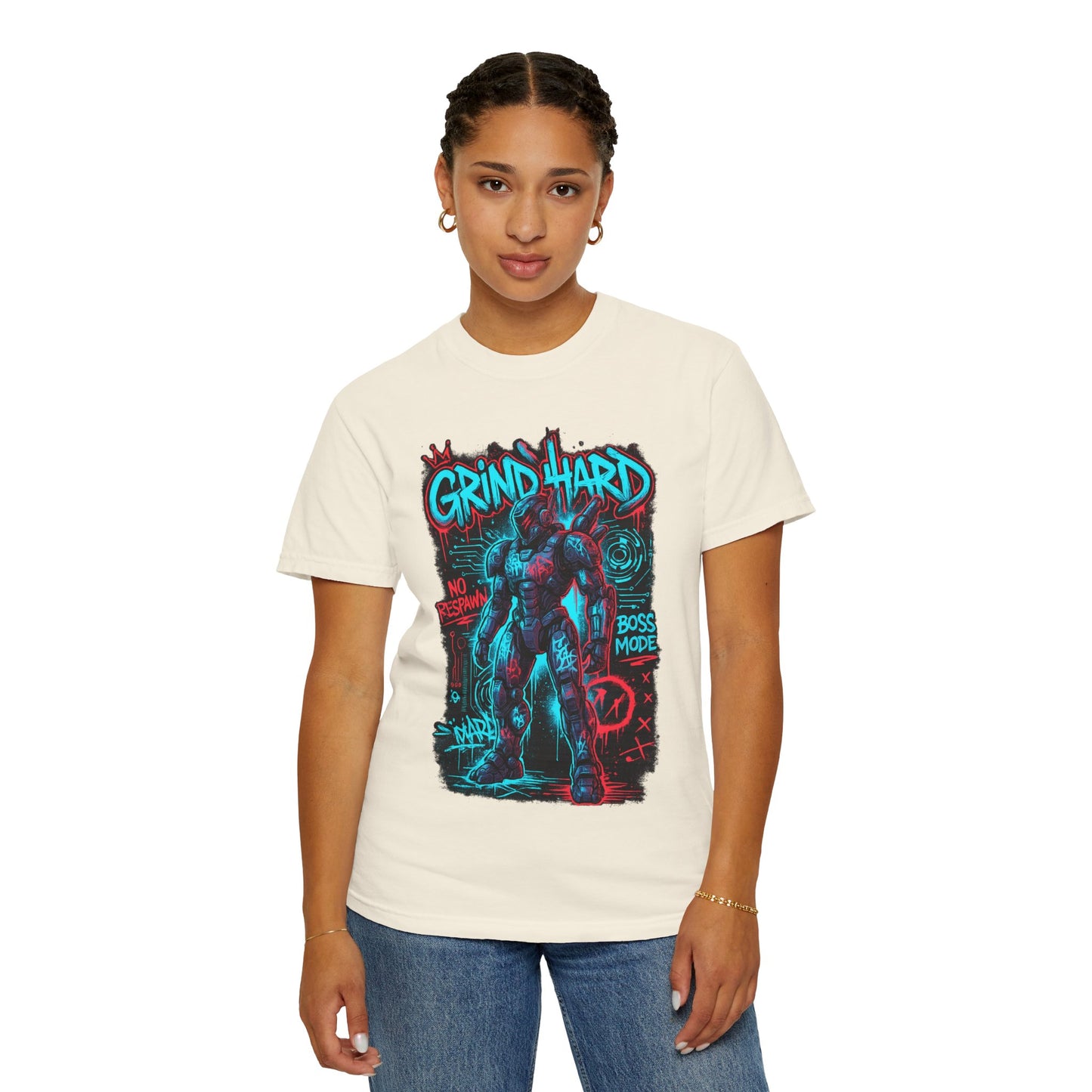 Grind Hard Gamer Warrior T-shirt | Neon Retro Gym Graphic