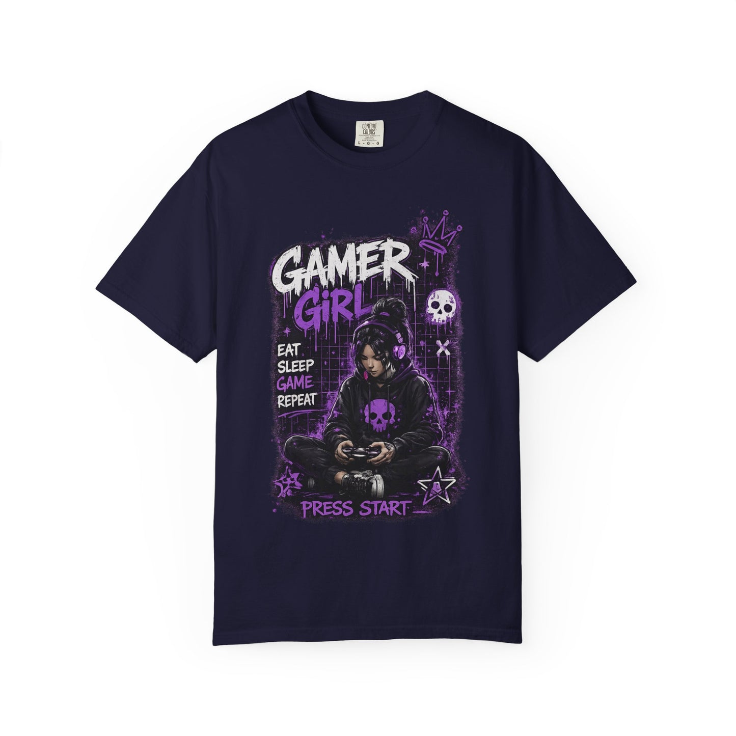 Gamer Girl T-Shirt — Retro Purple Gaming Graphic Tee ("Eat Sleep Game Repeat")