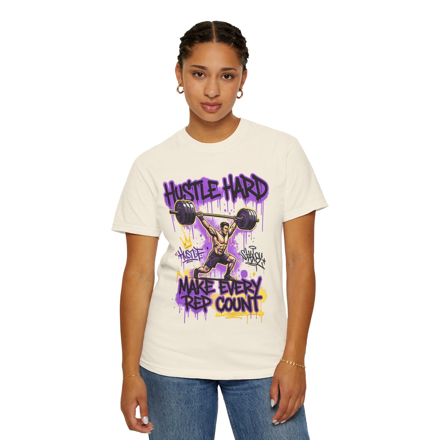 Hustle Hard Make Every Rep Count T-Shirt | Weightlifting Gym Graphic