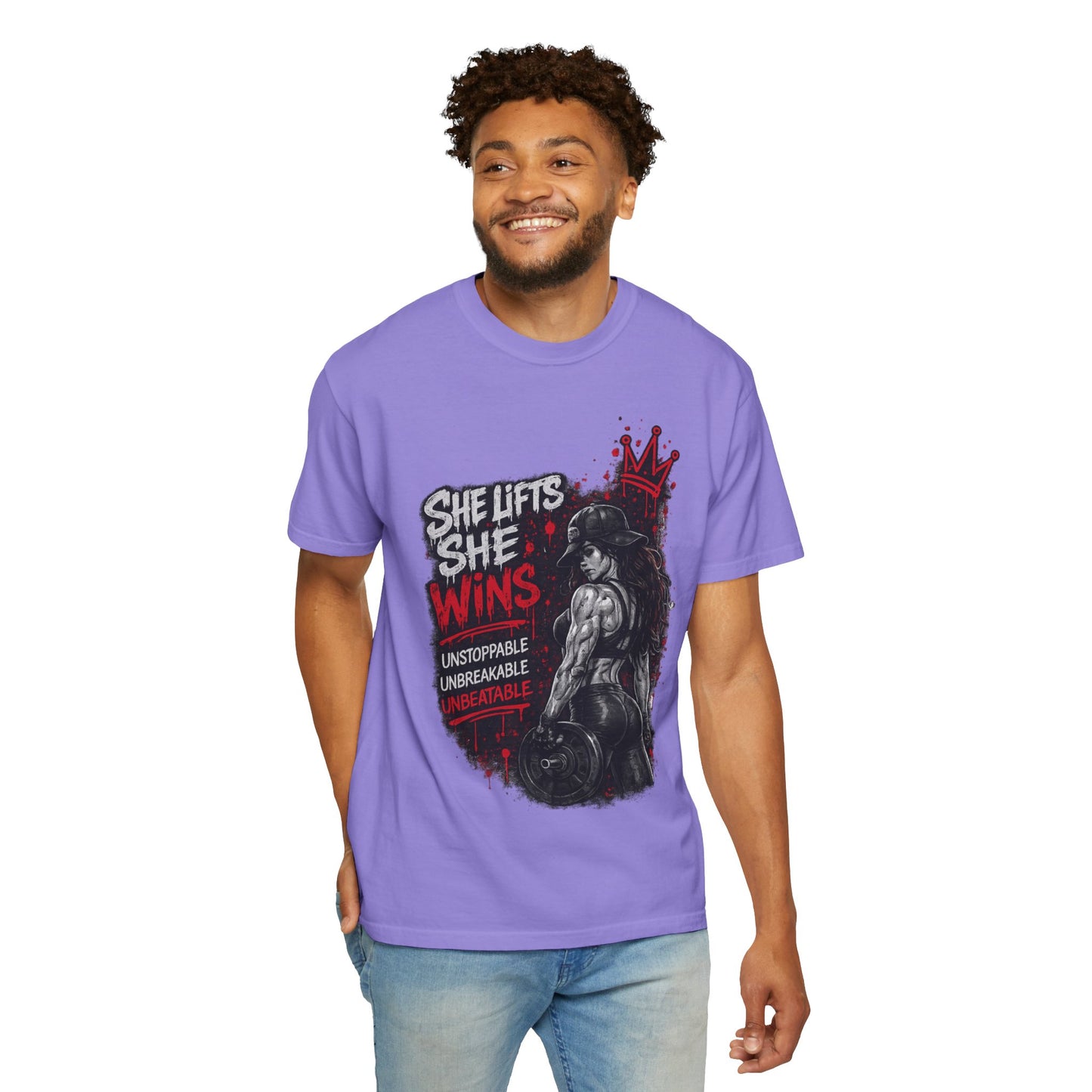 She Lifts She Wins T-Shirt — Women’s Strength Fitness Graphic Tee