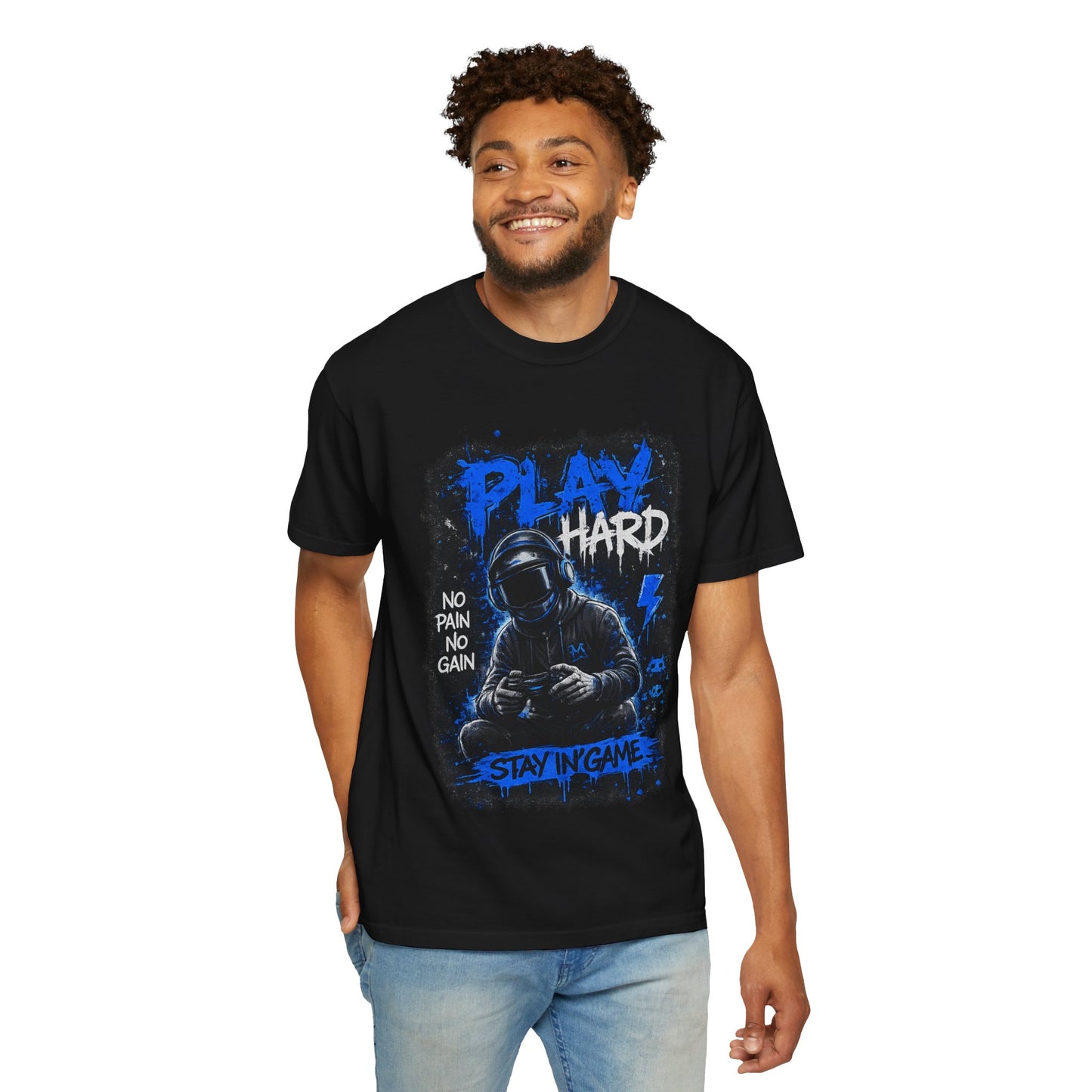 Play Hard Gamer Graphic T-Shirt — "No Pain No Gain" Hooded Player Design