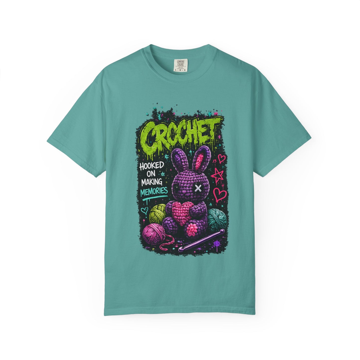 Crochet Bunny Graphic T-Shirt — “Hooked on Making Memories”