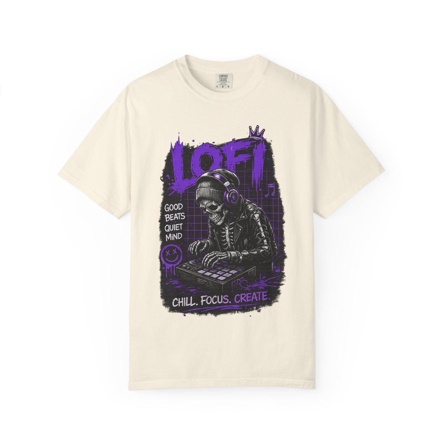 LoFi Skull DJ T-Shirt — "Chill. Focus. Create." Music Graphic Tee for Creators